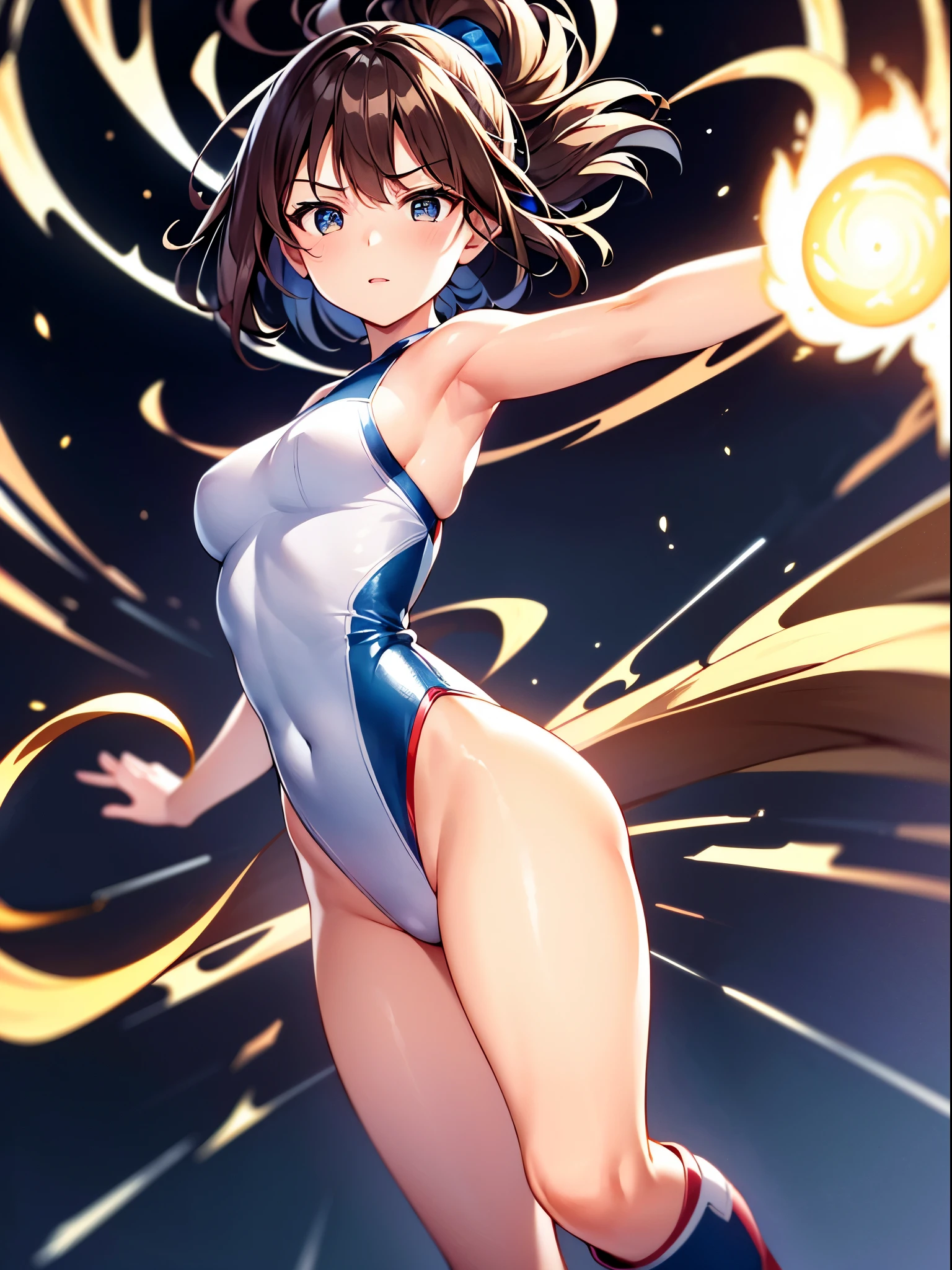 masterpiece, best quality, 1girl, superhero, gymnast_outfit leotard, bare legs, knee boots, matching boots, heroic, standing, body infused with energy, light particles, solo, single, cowboy shot, perfect anatomy, brown hair, beautiful detailed eyes, spread arms, spinning, spins fast in place like a tornado, twirling in place, tornado spinning, rapid gyration, space backdrop, motion blur, speed lines, tornado, whirlwind, cyclone, energy circling her body, emphasis lines