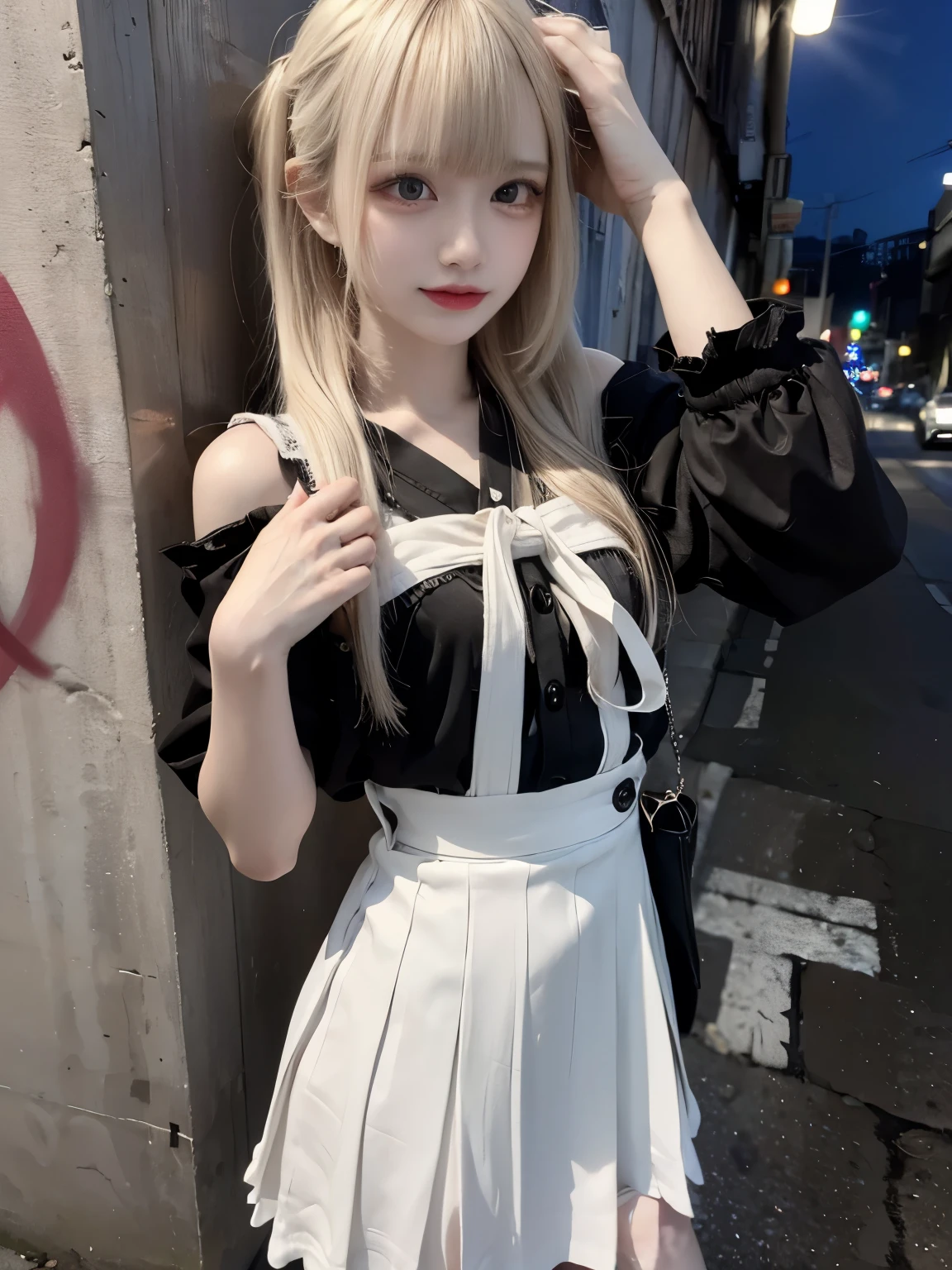 raw photo, 8k, (top-quality), Realistic, (real picture, Intricate details), (natural skin texture, detailed skin, hyper realism, sharpness), (Japanese teenage girl standing in a dirty back alley at night, hands on head, graffitied wall:1.3), ((jirai fashion with gray and white, skirt, blouse)), (pale skin:1.2), slender body, ((light blond hair:1.3, long hair, blunt bangs)), (seductive face, provocative look, Parted lips:1.3, eye shadow, eyeliner, tear bag:1.2, red lip, undereye circle), smile, graffiti:1.5, night time, spot lighting:1.3, upper body shot, selfie