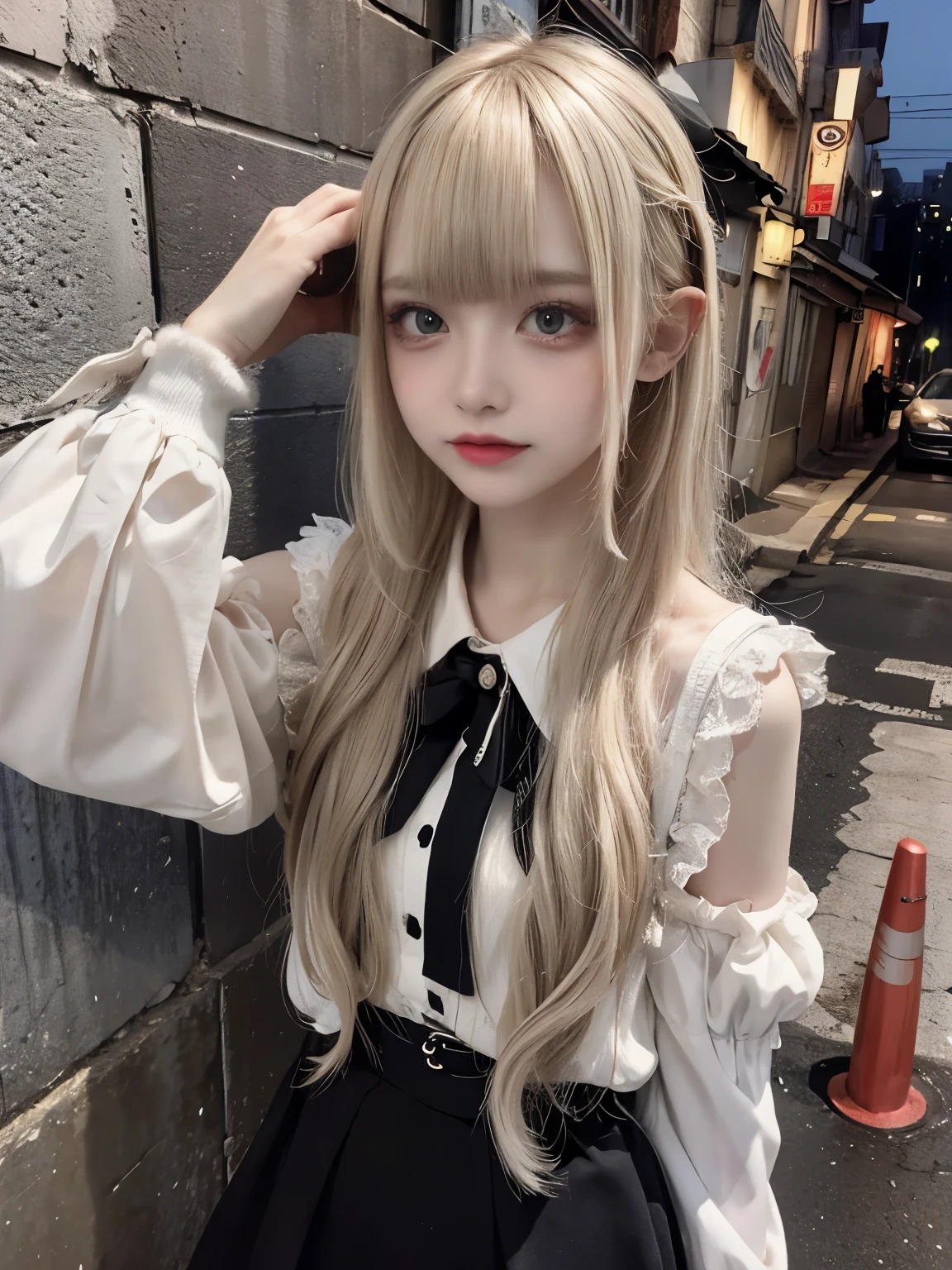 raw photo, 8k, (top-quality), Realistic, (real picture, Intricate details), (natural skin texture, detailed skin, hyper realism, sharpness), (Japanese girl standing in a dirty back alley at night, hands on head, graffitied wall:1.3), ((jirai fashion with gray and white, skirt, blouse)), (pale skin:1.2), slender body, ((light blond hair:1.3, long hair, blunt bangs)), (seductive face, provocative look, Parted lips:1.3, eye shadow, eyeliner, tear bag:1.2, red lip, undereye circle), smile, graffiti:1.5, night time, spot lighting:1.3, upper body shot, selfie