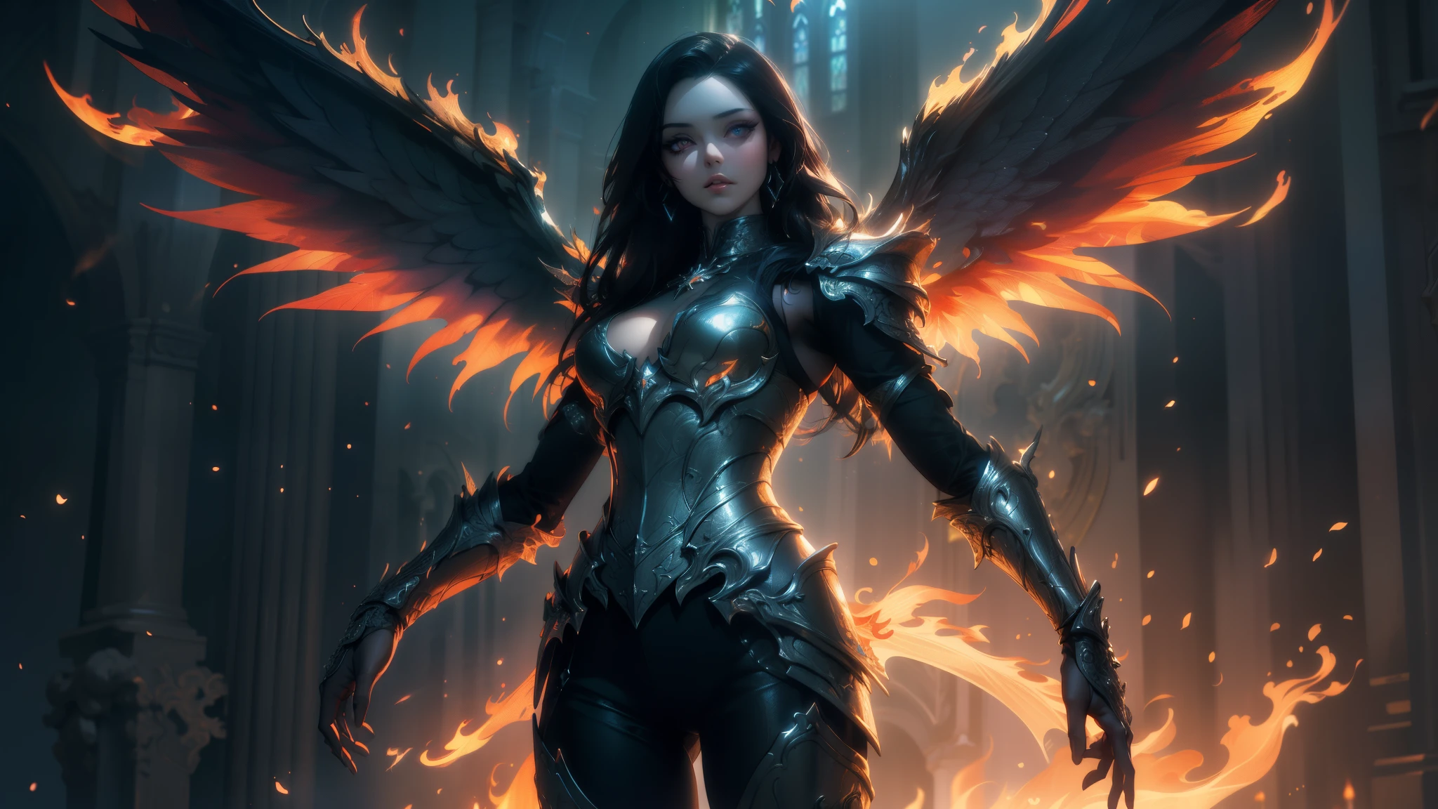 (Extremely detailed CG unified 8k wallpaper,masterpiece, best quality, Super detailed, Beautiful and delicate eyes:1.2),best lighting, (best shadow, extremely delicate and beautiful, bloom),A burning church，1 girl,alone,Big breasts，Heavy armor,long hair,holding sword,glowing wings,(big wings:1.4),membrane filter,Satan, Hellfire,Full body female love,demon,flame,Chis，drama，dynamic poses，Unreal's engine， (high detail: 1.9)，half body shot