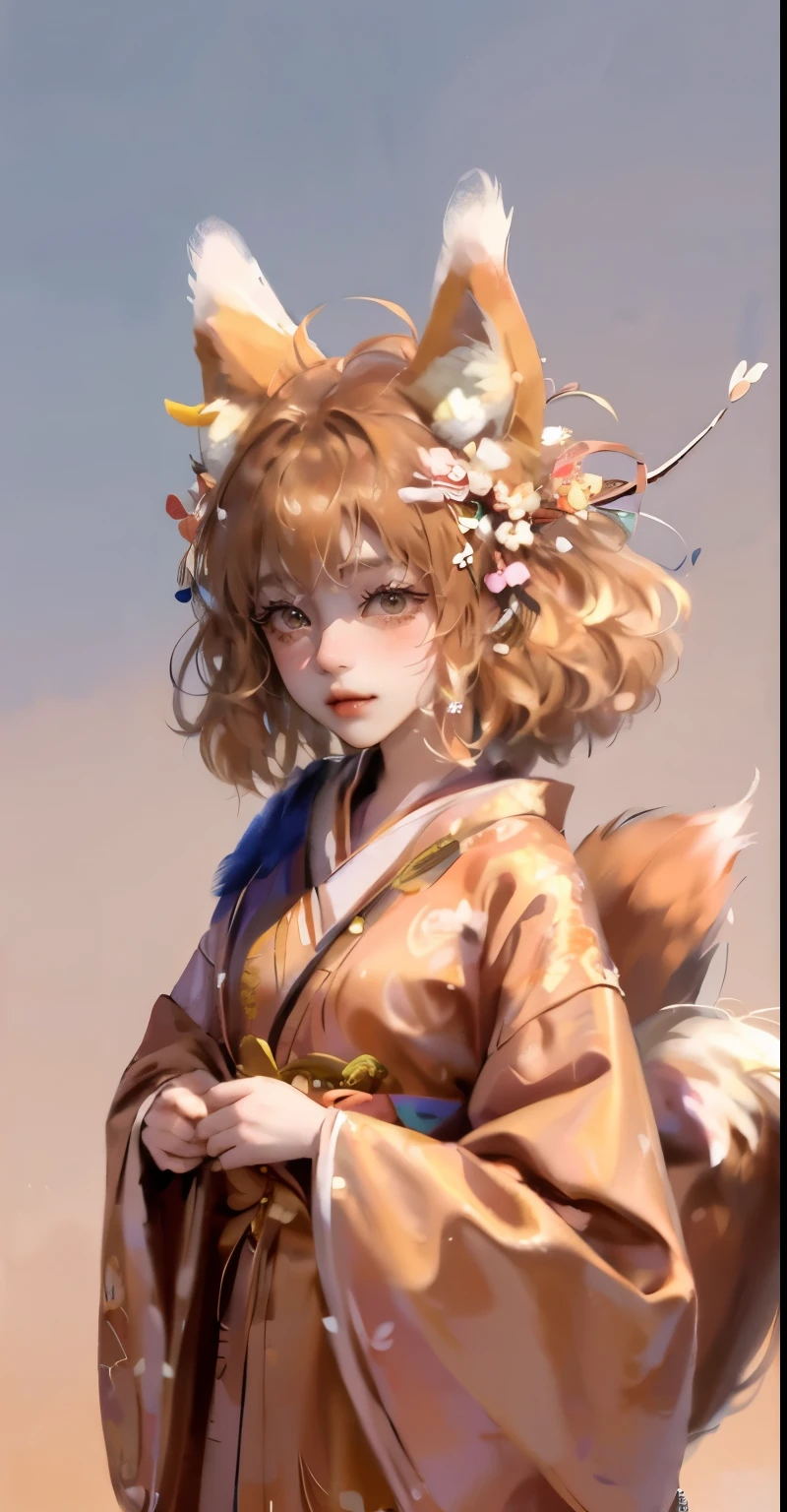 masterpiece, best quality, highly detailed, 1girl, solo, (:3:0.9), animal ear fluff, animal ears, orange hair, fluffy hair, blush, brown eyes, flower, fox ears, fox girl, gradient, gradient background, hair flower, hair ornament, japanese clothes, kimono, looking at viewer, miko, smile, solo, white kimono, beautiful lighting