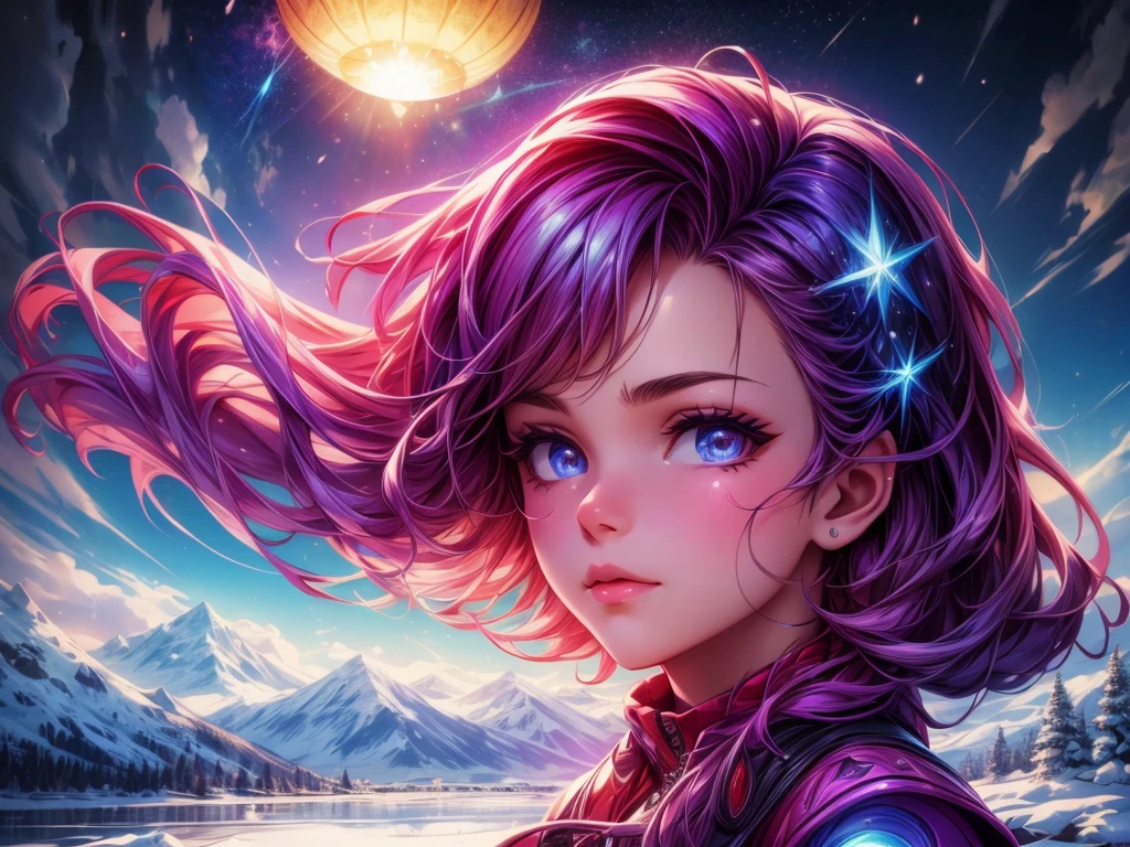 Mysterious luminous object that shines in seven colors, A girl looking up at a UFO,