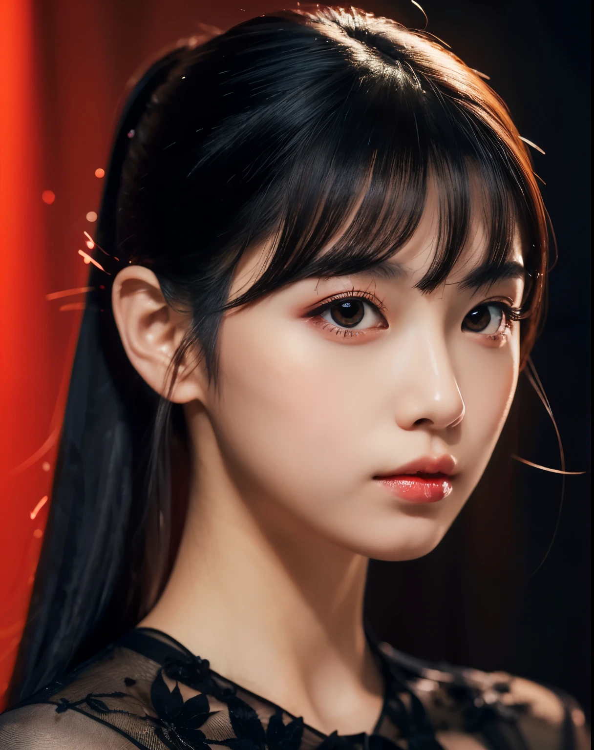 beautiful japanese girl　Detailed dark hair with intricate colors　ponytail　red eyes　Straight gaze　Simple black dress　Fire Witch　particles of light　light　wallpaper　high contrast　colorful　professional lighting