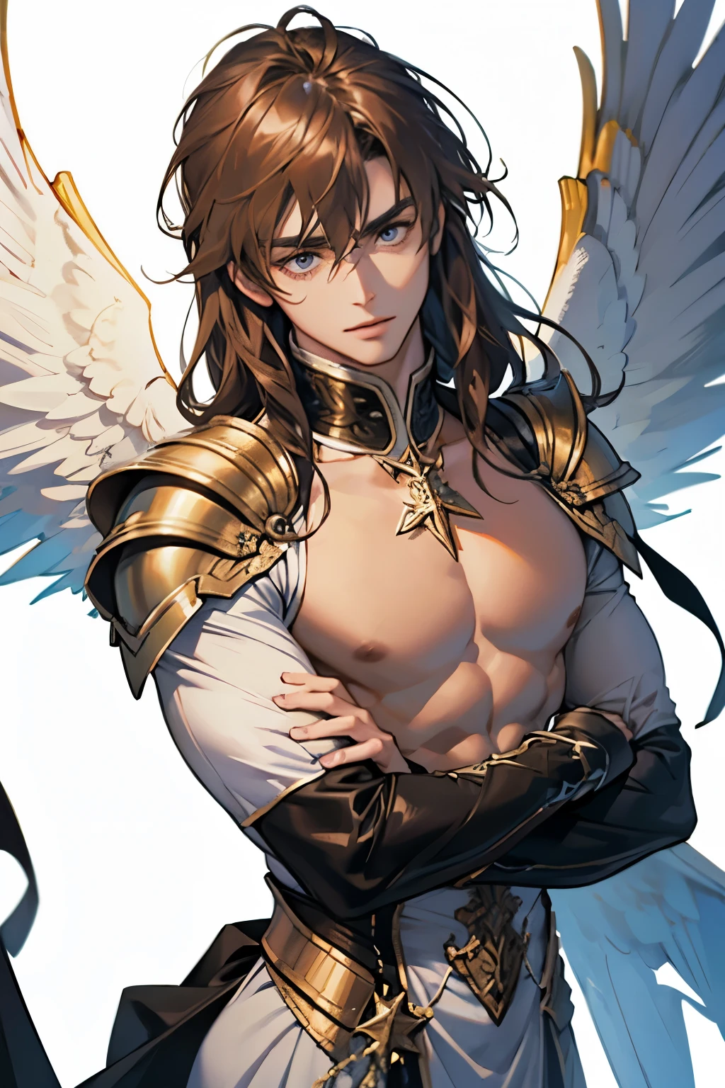 archangel michael、male、Angel big wings、Brown shoulder-length hair、upper body naked、muscular、armor、good looking