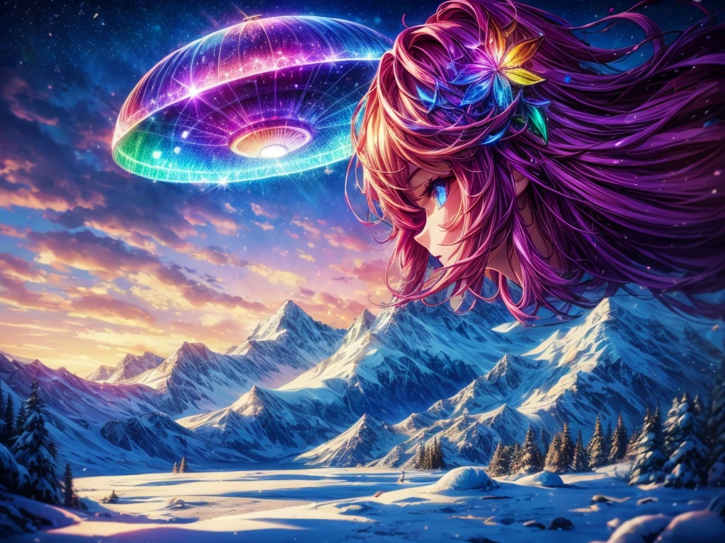 A girl looking up at a multicolored glowing UFO, snowy landscape, mountains, lake