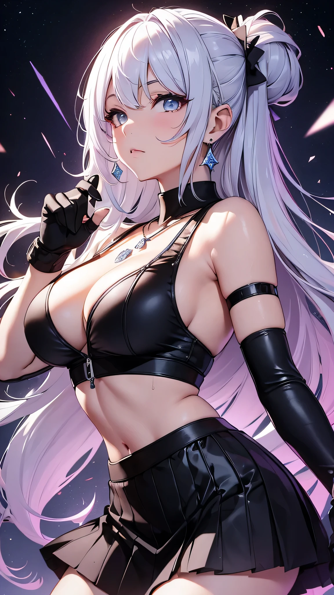 最high quality、best image quality、masterpiece、girl((20-year-old、 By becoming、vest bust、medium bust,wide open breast tea、shining eyes, silver hair、long hair、thin,highest valley、black sports bra、black sports pants、black short skirt、shoulder tattoo,diamond earrings、Wristband、black gloves、necklace、fighting pose、scattering sweat、sweating)),high quality、beautiful art、background((Virtual space、neon lighting、neon light、virtual ring))、Flight、debris flies、Depth of written boundary、movie、visual art、perfect art、8K,genuine、Dynamic Performance