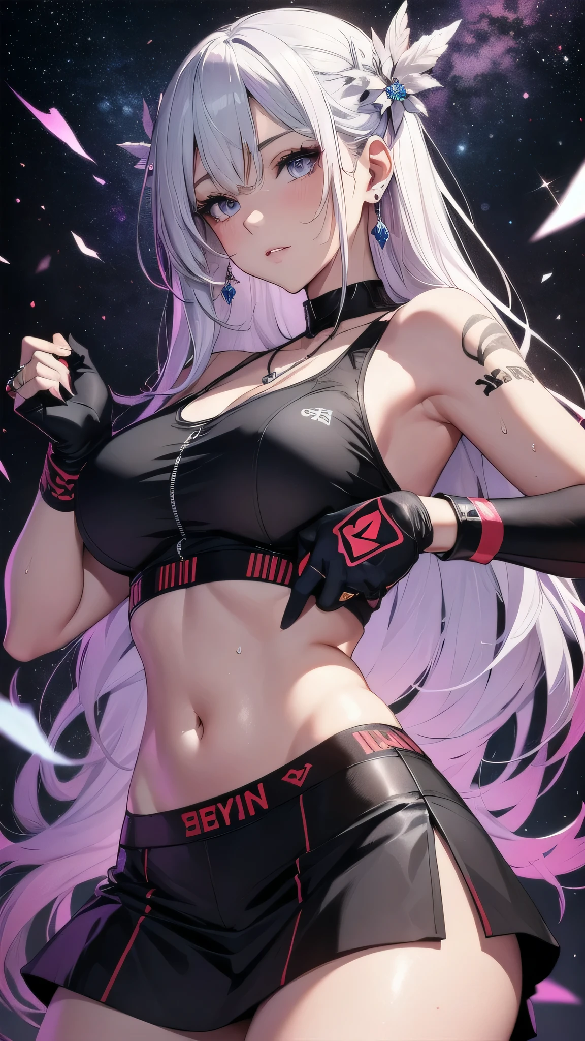 最high quality、best image quality、masterpiece、girl((20-year-old、 By becoming、vest bust、medium bust,wide open breast tea、shining eyes, silver hair、long hair、thin,highest valley、black sports bra、black sports pants、black short skirt、shoulder tattoo,diamond earrings、Wristband、black gloves、necklace、fighting pose、scattering sweat、sweating)),high quality、beautiful art、background((Virtual space、neon lighting、neon light、virtual ring))、Flight、debris flies、Depth of written boundary、movie、visual art、perfect art、8K,genuine、Dynamic Performance