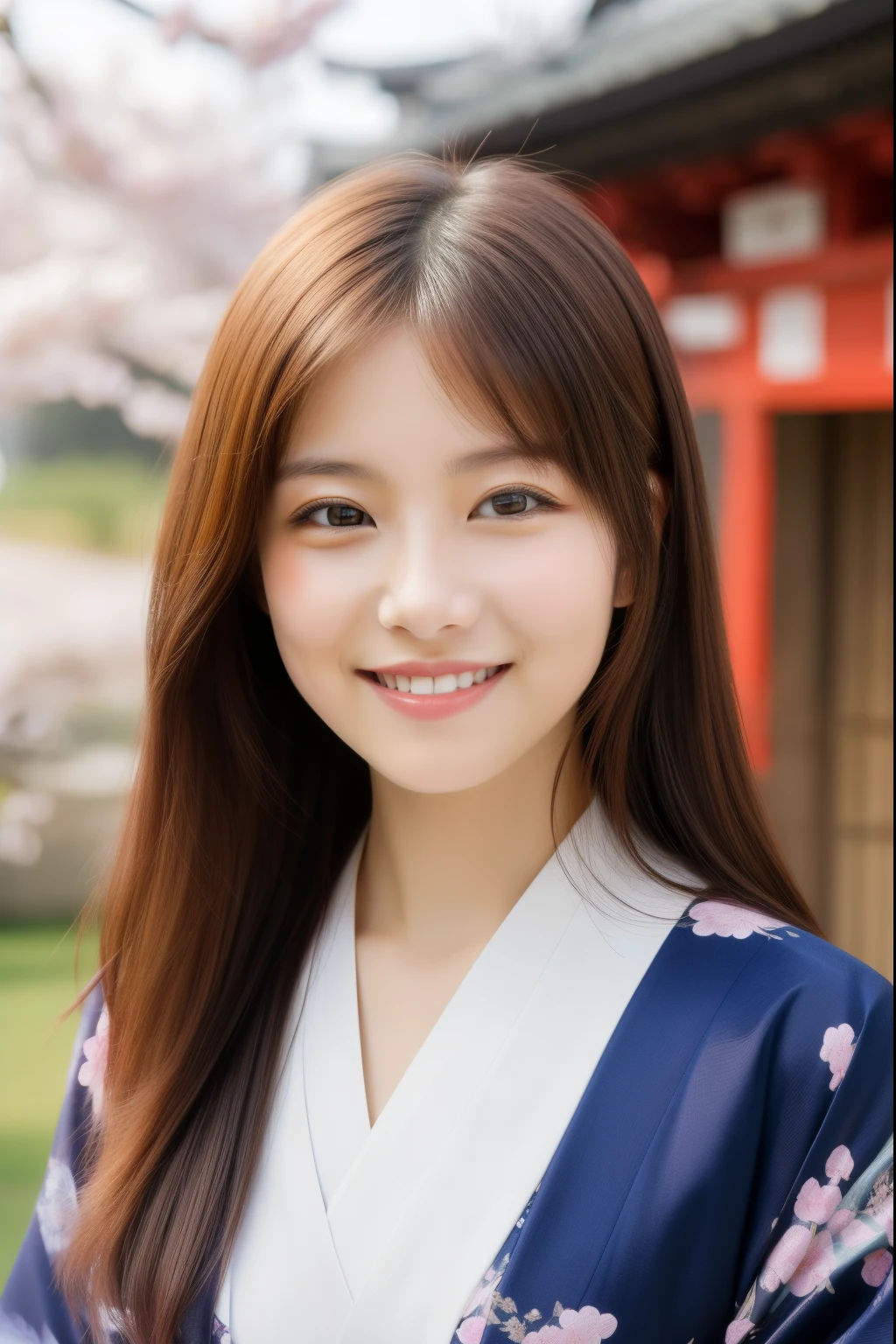 ulzzang-6500-v1.1,(masterpiece, highest quality:1.3), (Ultra-detailed 8K:1.2), (hyperrealistic:1.35),(Raw photo:1.2),High resolution, wallpaper,extreme intricate detail, ultra hd,
BREAK 
(Japanese women:1.3), 20yo, (bewitching smile:1.3), (super beautiful woman:1.3), beautiful skin, detailed eyes, detailed face, long hair,  (full shot:2.0),(Japanese dress, Kimono:1.4),(Temple of cherry blossoms in full bloom:1.3), look at the camera,