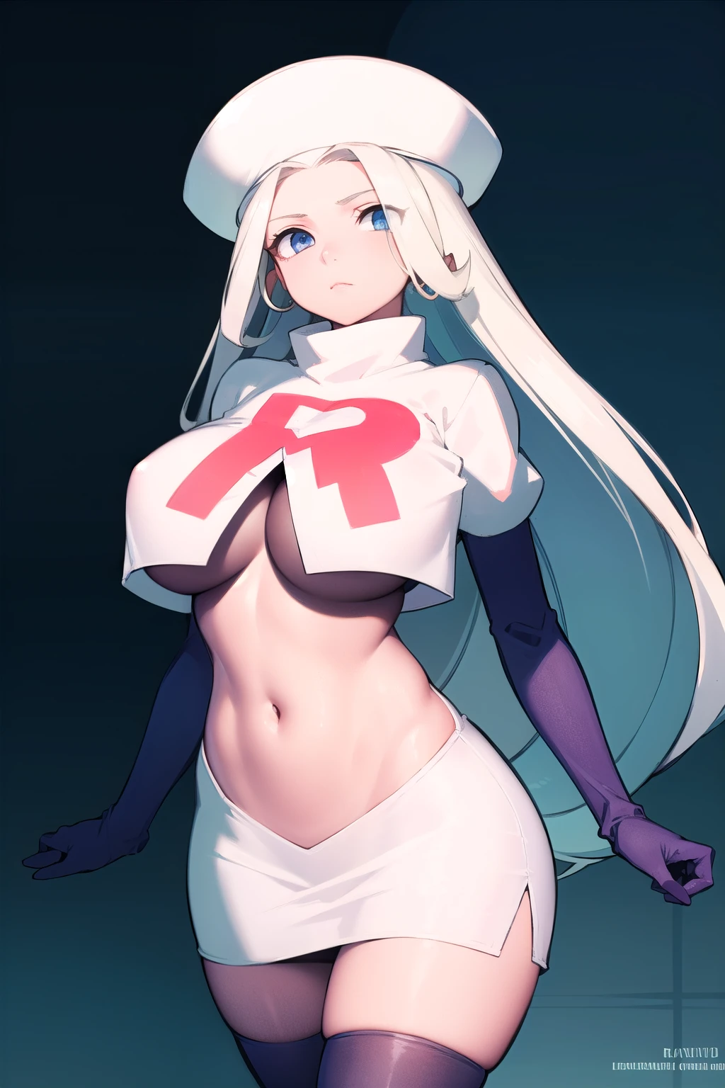 pokemonmelony, pokemonmelony, blue eyes, eyelashes, long hair, multicolored hair, streaked hair, grey hair, (large breasts:1.2), 
BREAK earrings, hat, jewelry, white headwear, team rocket,team rocket uniform, red letter R, white skirt,white crop top,black thigh-highs,black elbow gloves
BREAK looking at viewer, (cowboy shot:1.5),
BREAK (masterpiece:1.2), best quality, high resolution, unity 8k wallpaper, (illustration:0.8), (beautiful detailed eyes:1.6), extremely detailed face, perfect lighting, extremely detailed CG, (perfect hands, perfect anatomy),