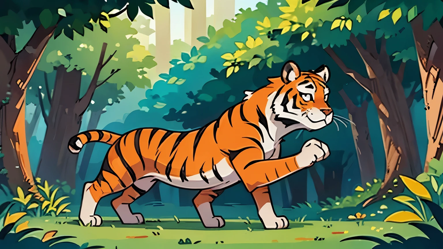 The image of a tiger standing tall in the forest. The forest is magnificent. Draw it in a picture book style.