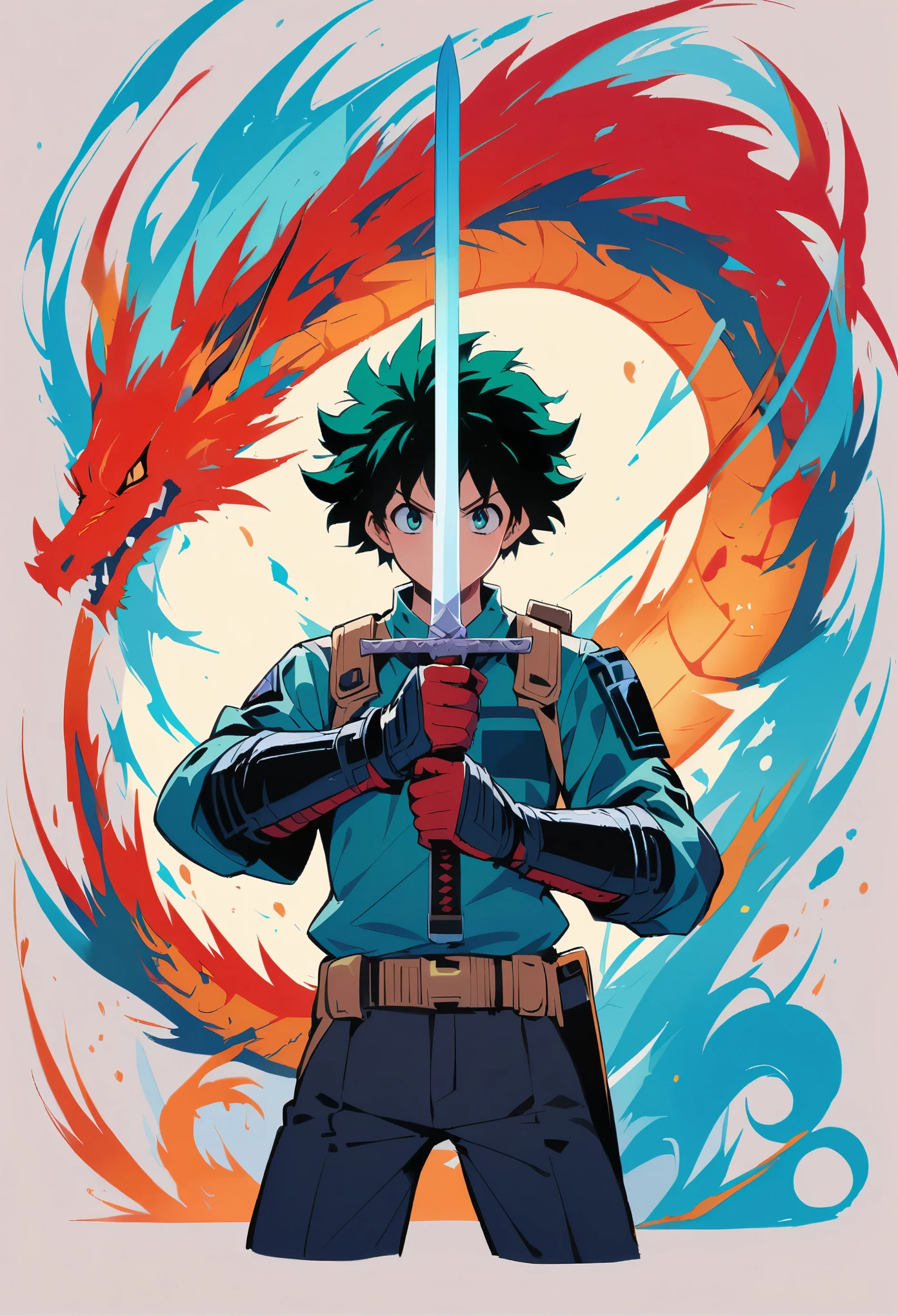 Midoriya Izuku,Sword in both hands,sword focus,cartoon,dragon background