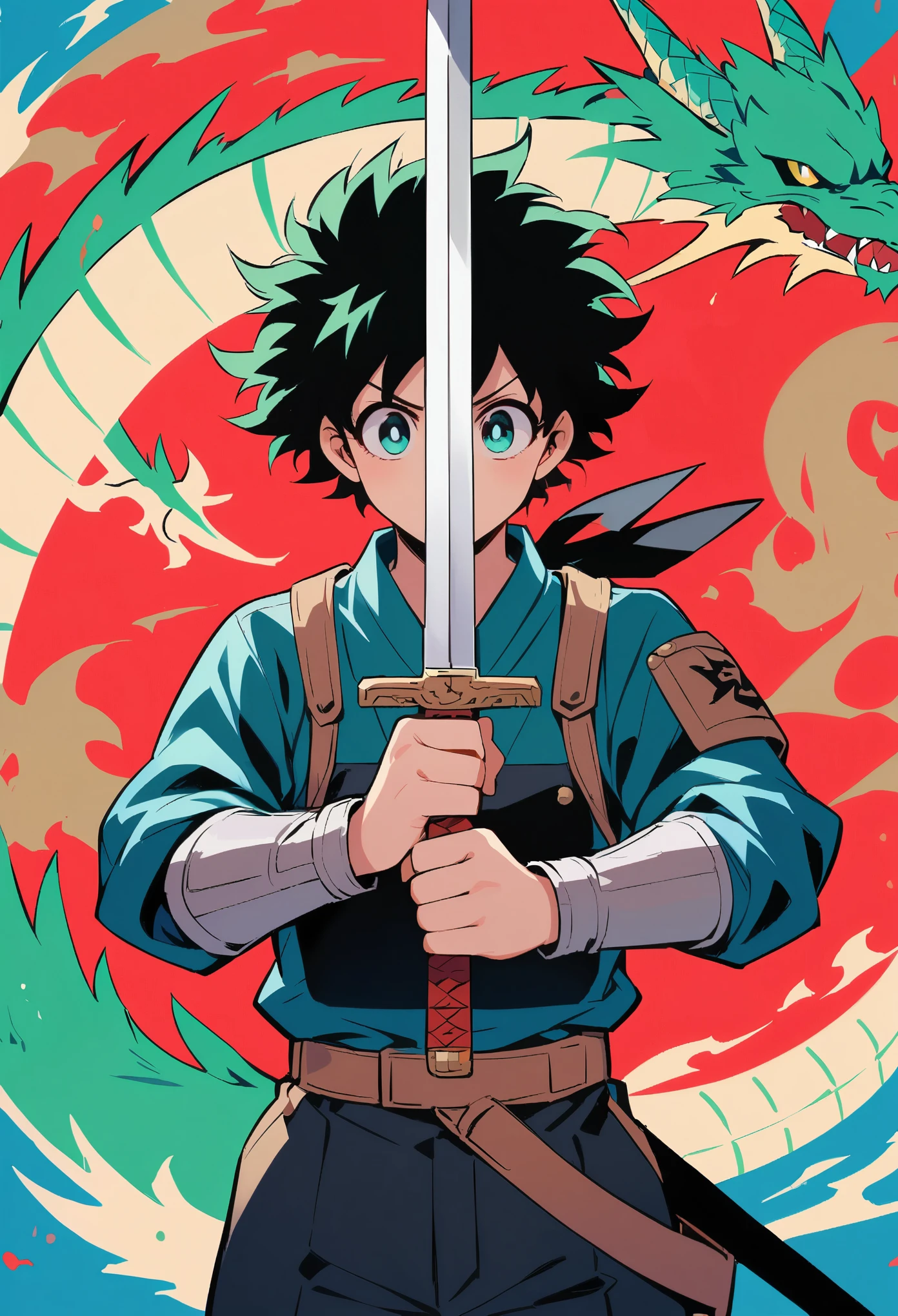 Midoriya Izuku，Sword in both hands，sword focus，cartoon，dragon background