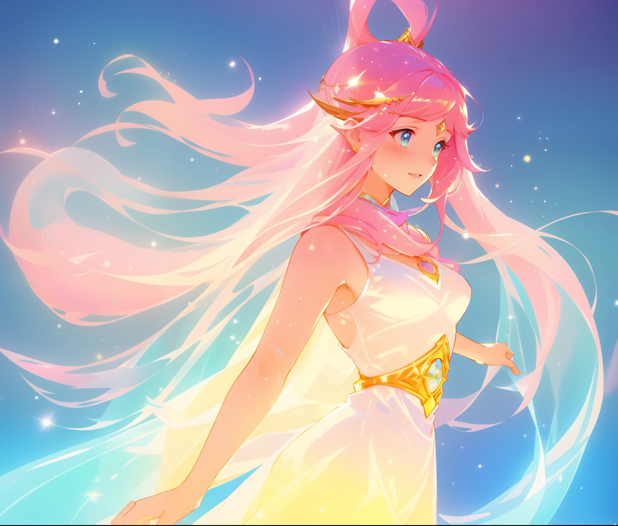 watercolor illustration, beautiful girl in white arabian two-piece dress, (arabian princess), (arabian dancer), (fantasy arabian dress), long colorful sparkling pink hair, Lois van Baarle, glowing aura around her, Glen Keane, jen bartel, glowing hair, beautiful digital illustration, fantasia background, beautiful, masterpiece, best quality, anime disney style, (detailed eyes), golden ratio, perfect composition