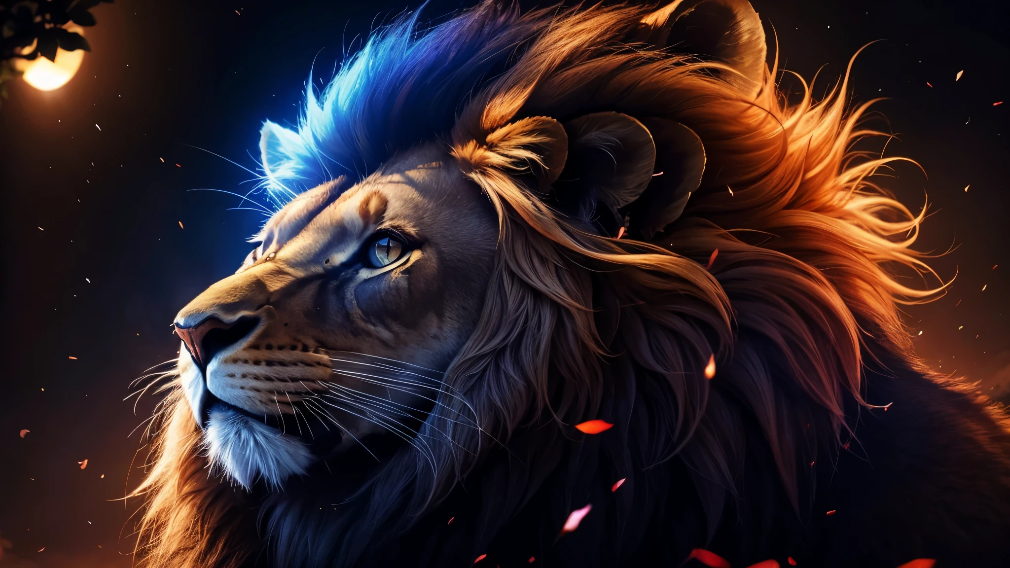 Lion, Divine Lion, Lion King, Lion Majestic, natural, Natureza, Rendering, fotorrealista, UltraHigh definition, 4K, texturasdetalhadas, thunder, sombras detalhadas, cores detalhadas, por do sol, sol se pondo, Sunset, Natureza Linda, Grande Divino, por do sol, contraste detalhado, Contraste realista, high resolution, cores detalhadas, fogo, eletricidade, divina criatura, 8k, realista detalhado, 16k, 8k, High definition, elegante,