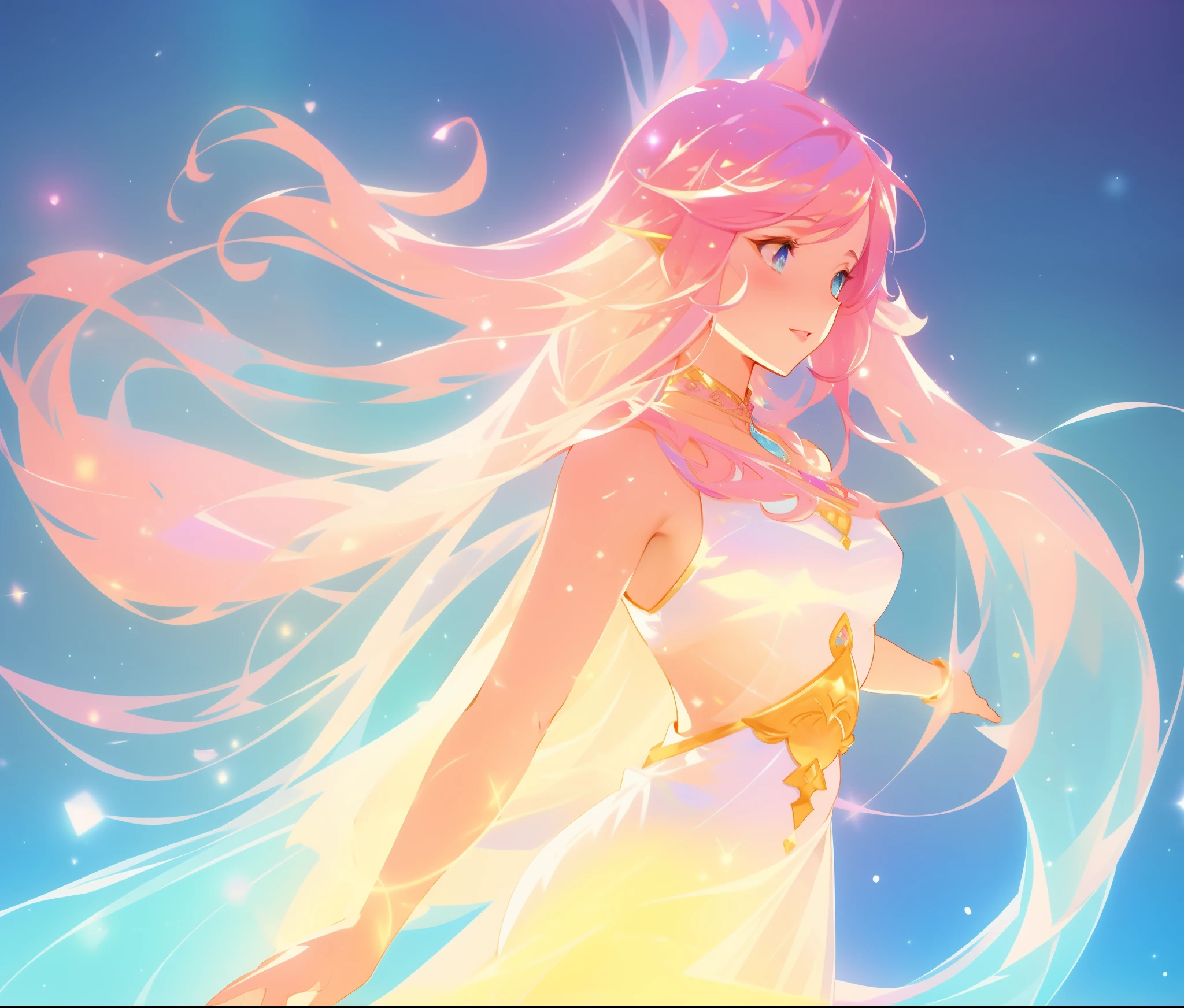 watercolor illustration, beautiful girl in white arabian two-piece dress, (arabian princess), (arabian dancer), (fantasy arabian dress), long colorful sparkling pink hair, Lois van Baarle, glowing aura around her, Glen Keane, jen bartel, glowing hair, beautiful digital illustration, fantasia background, beautiful, masterpiece, best quality, anime disney style, (detailed eyes), golden ratio, perfect composition
