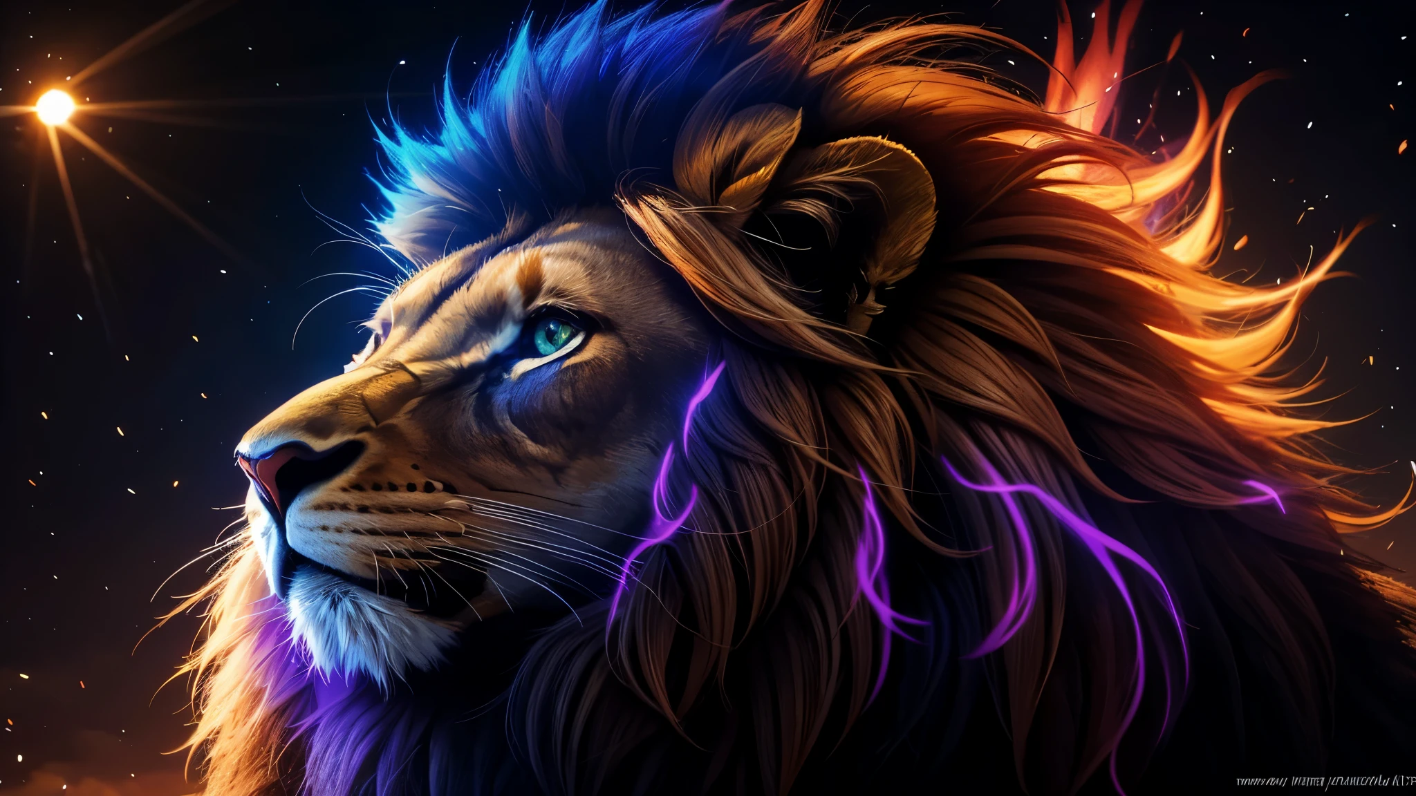 Lion, Divine Lion, Lion King, Lion Majestic, natural, Natureza, Rendering, fotorrealista, UltraHigh definition, 4K, texturasdetalhadas, thunder, sombras detalhadas, cores detalhadas, por do sol, sol se pondo, Sunset, Natureza Linda, Grande Divino, por do sol, contraste detalhado, Contraste realista, high resolution, cores detalhadas, fogo, eletricidade, divina criatura, 8k, realista detalhado, 16k, 8k, High definition, elegante,