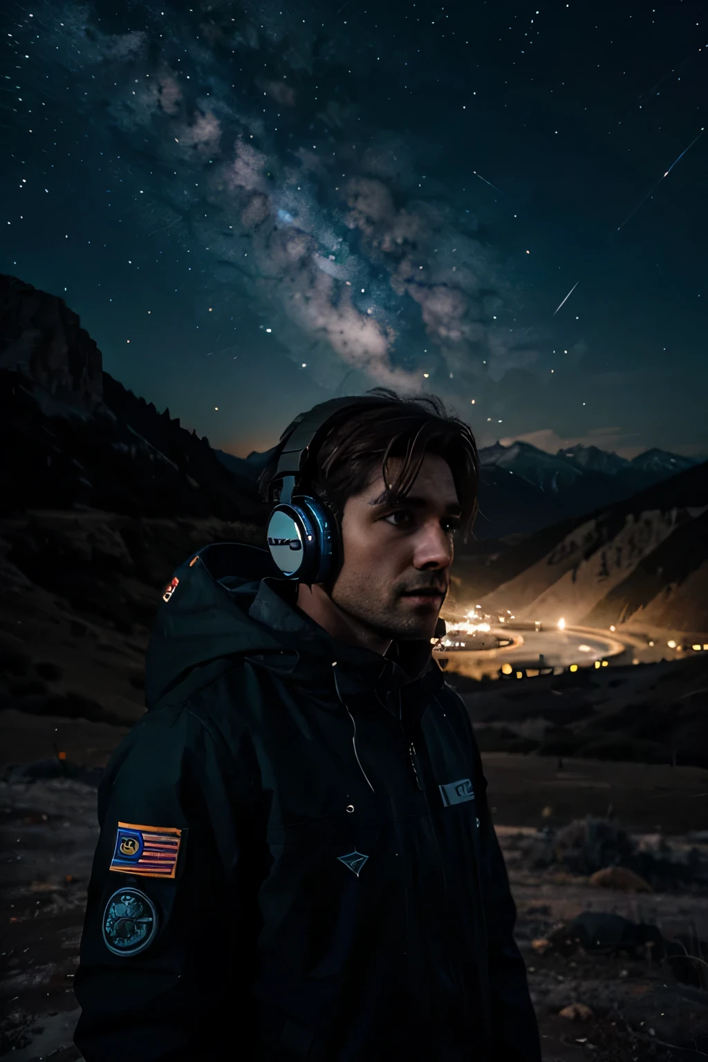Crear la imagen de un astronauta con audifonos y microfono de radio en Un paisaje nocturno en el horizonte, iluminado por luces misteriosas y rodeado de un aura de misterio y secreto.