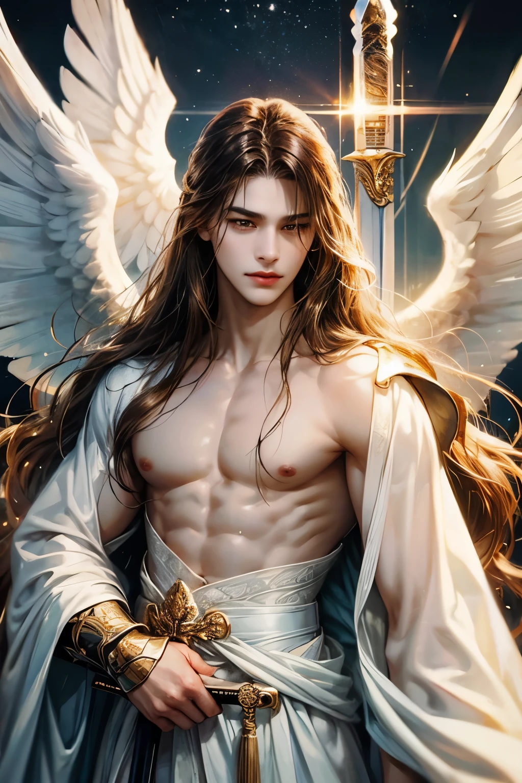 highest quality、male、brown long hair、Topless、Angel、大きなAngelの羽、Light、have a sword、armor