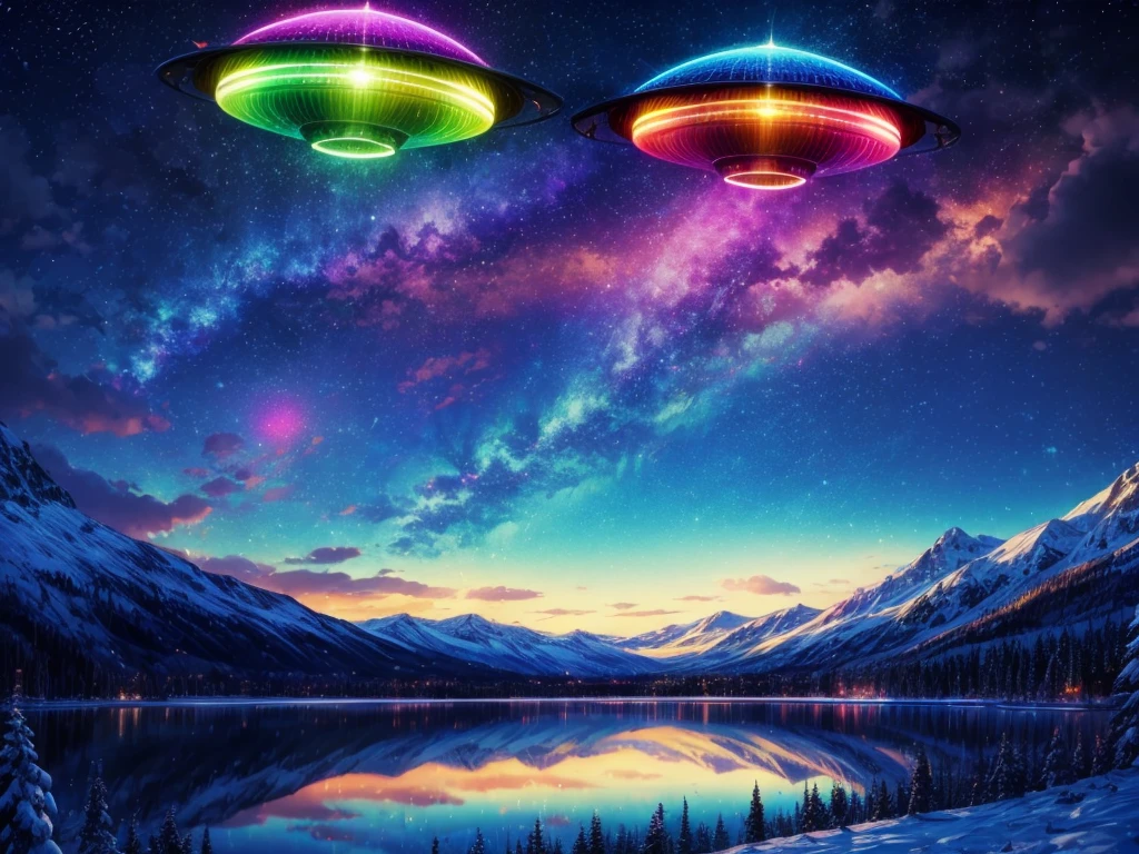 (best quality,4k,highres),a girl looking up at a ((multicolored glowing UFO)), snowy landscape, mountains, lake, [dreamlike], vibrant colors, [mysterious], [majestic], [extraterrestrial], [futuristic], [snow-covered trees], [reflection on the lake], [subtle shimmering lights], [captivating], [serene atmosphere], [quiet stillness], [peaceful silence], [glimmering stars]