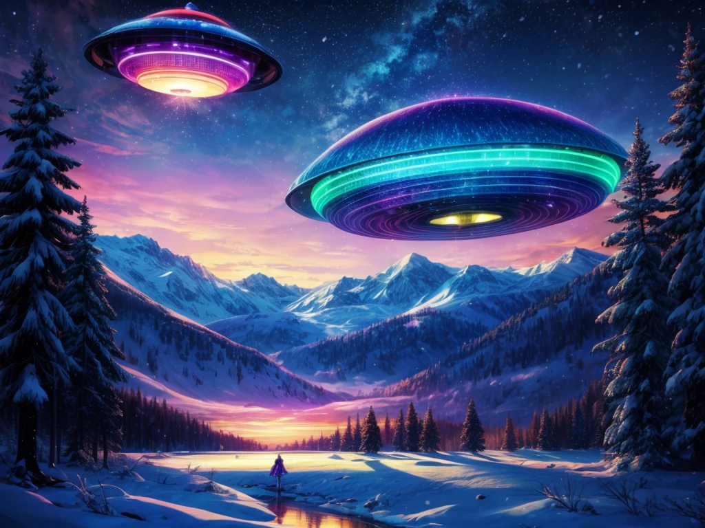 (best quality,4k,highres),a girl looking up at a ((multicolored glowing UFO)), snowy landscape, mountains, lake, [dreamlike], vibrant colors, [mysterious], [majestic], [extraterrestrial], [futuristic], [snow-covered trees], [reflection on the lake], [subtle shimmering lights], [captivating], [serene atmosphere], [quiet stillness], [peaceful silence], [glimmering stars]