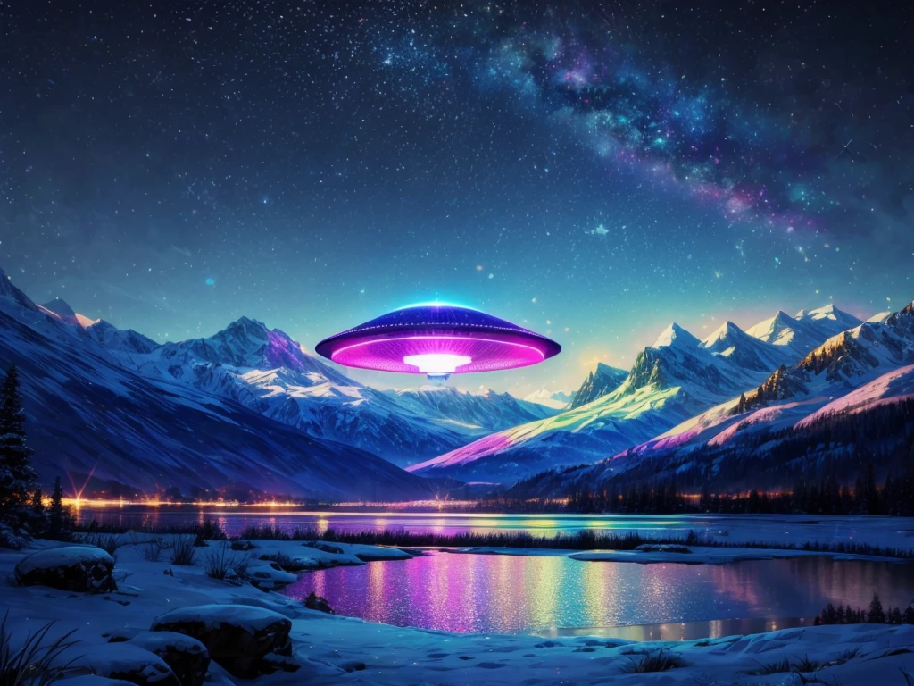 (best quality,4k,highres),a girl looking up at a ((multicolored glowing UFO)), snowy landscape, mountains, lake, [dreamlike], vibrant colors, [mysterious], [majestic], [extraterrestrial], [futuristic], [snow-covered trees], [reflection on the lake], [subtle shimmering lights], [captivating], [serene atmosphere], [quiet stillness], [peaceful silence], [glimmering stars]