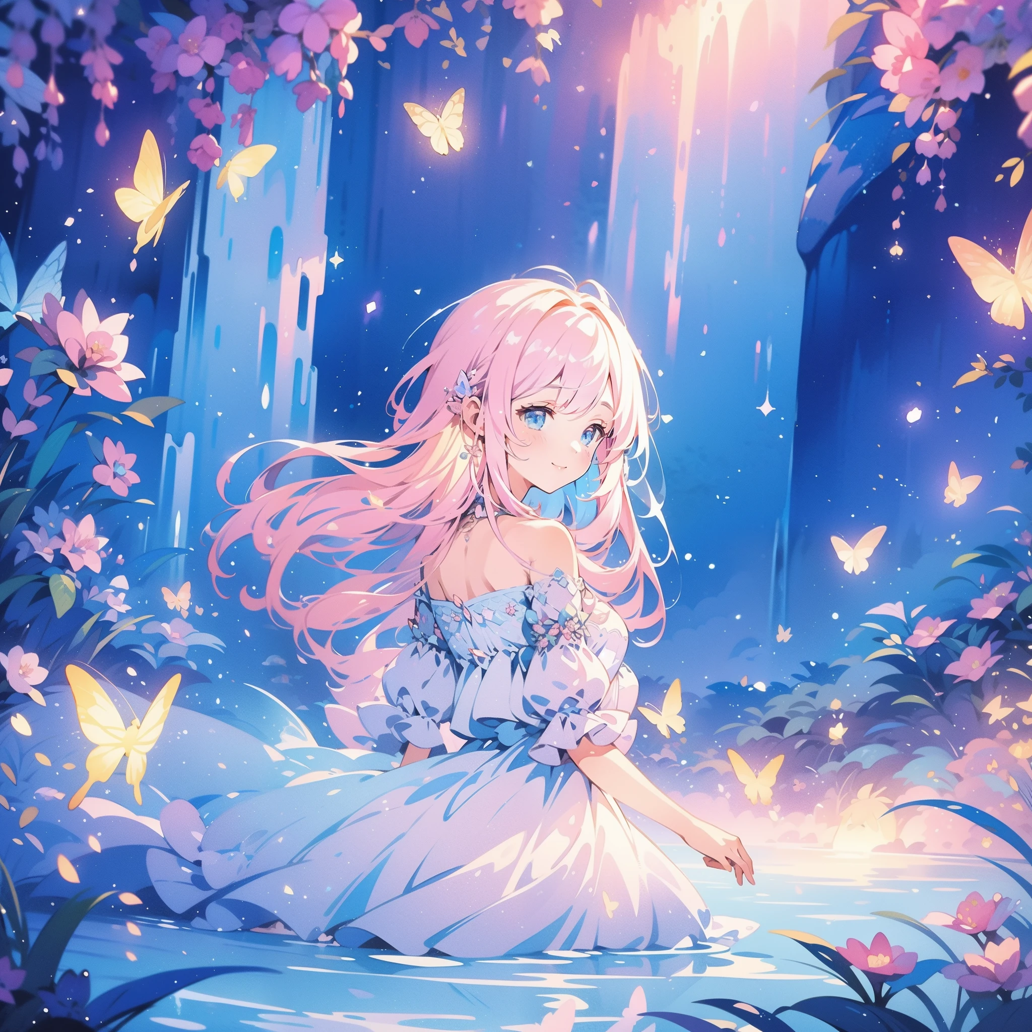 glowing fairies, beautiful girl in sparkling delicate white dress, glowing lights, fireflies, glowing butterflies, fairy creatures, watercolor illustration, vibrant pastel colors, dreamy, colorful, whimsical, magical, masterpiece, best quality, sharp focus, intricately detailed environment, fine detail, 8k resolution, waterfall lagoon, (magical lagoon), (waterfall, lake), 