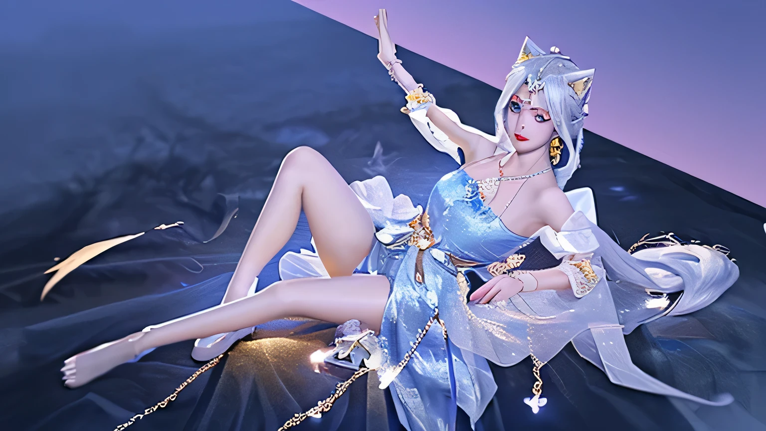 cosplay, thighhighs, high heels, see-through, fox tail, multiple tails, ((full body)), ((from above)), ((Satellite view)), ((Lying in bed)), clear face, pretty face, 8k, masterpiece, original photo, best quality, detail:1.2,lifelike, detail, Very detailed, CG, unified, wallpapers, depth of field, movie light, lens flare, Ray tracing, (extremely beautiful face, beautiful lips, beautiful eyes), intricate, detail's face, ((ultra detailed skin)), 1 girl, beautiful korean girl, kpop idol,(Very slim figure:1.3), A plump chest, Large breasts, Slender sexy legs, Very nice legs, elegant posture, (bright smile), (City night, (neon lights), (night), beautiful korean girl, white diamond earrings, Diameter bracelet, Dia necklace, clear eyes, (big eyes), cat ear, princess, crystal high heel, full body