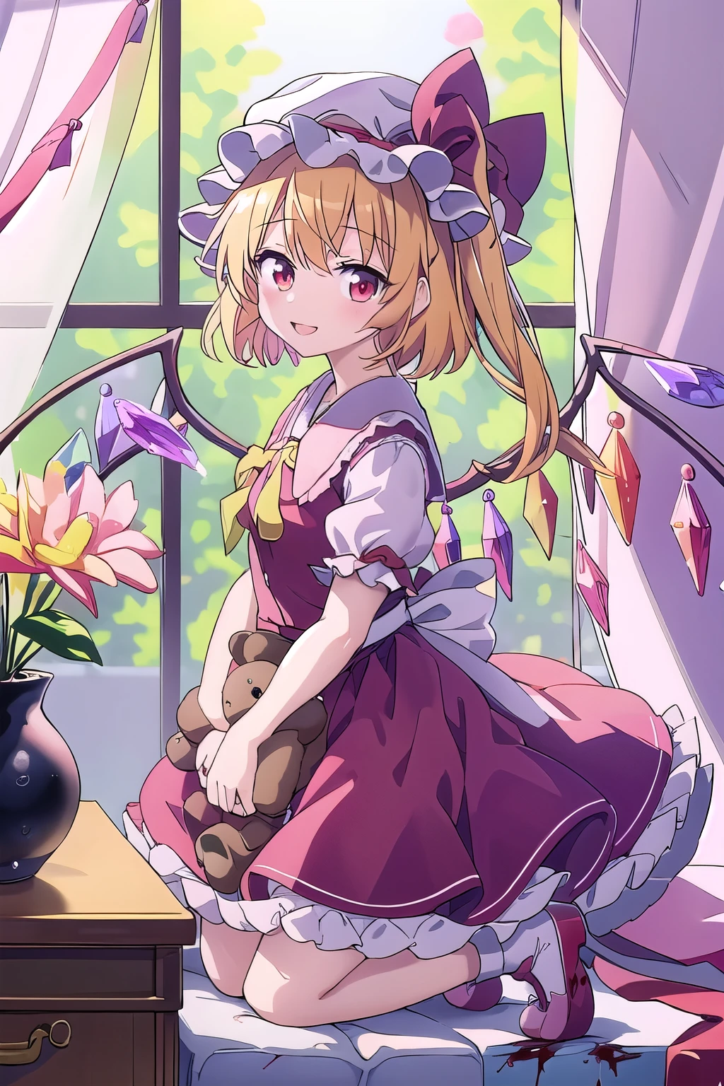 Anime is、A cartoon character wearing a dress with blood on his hands, 1 girl, flanders scarlet, have, mob cap, alone, blonde hair, teddy bear, red eyes, wing, window, 赤いshoes, stuffed toy, 動物のstuffed toy, one side up, looking at the viewer, flower瓶, ribbon, flower, open your mouth, curtain, full body, table, smile, short sleeve, red ribbon, 白いshoes下, shoes, white hat, skirt, puffy short sleeve