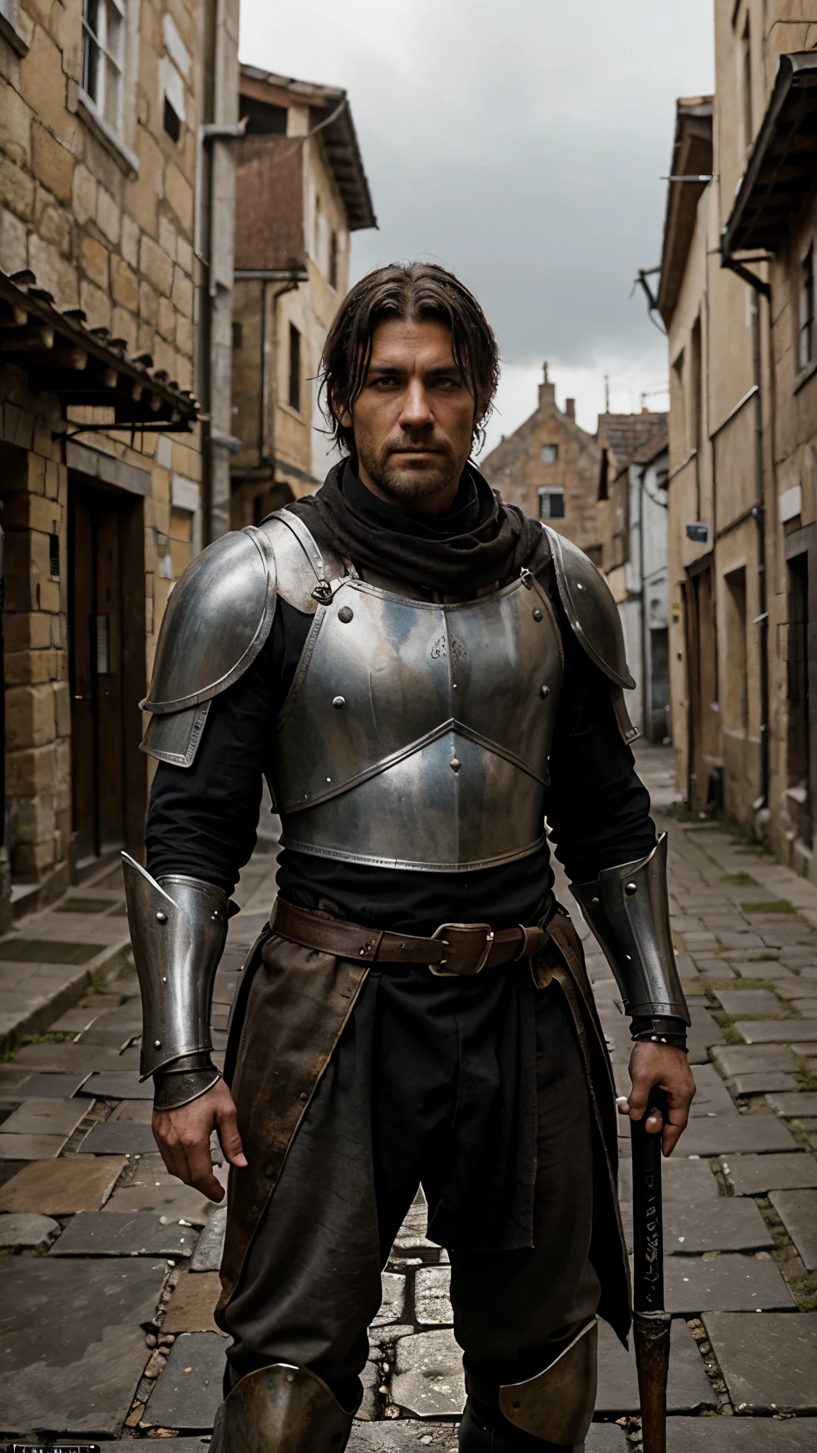 Humanity，Medieval Warrior，Put on simple tattered light armor，With a worn-out stick，Stand in a gray environment，down and out, in a medieval town