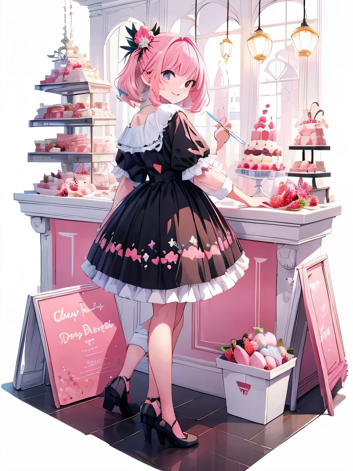 (((masterpiece))),highest quality, [(white background:1.5)::5], (isometric:1.1), Beautifully detailed fashion magazine style, Pink hair girl wearing pastel decora fashion, intricate illustrations, ice cream, sweets, shimmer, iridescent, particles of light, cake, strawberry, fruit, dynamic angle, pink theme, shiny, shiny服, frills, 8K, smile,blue eyes