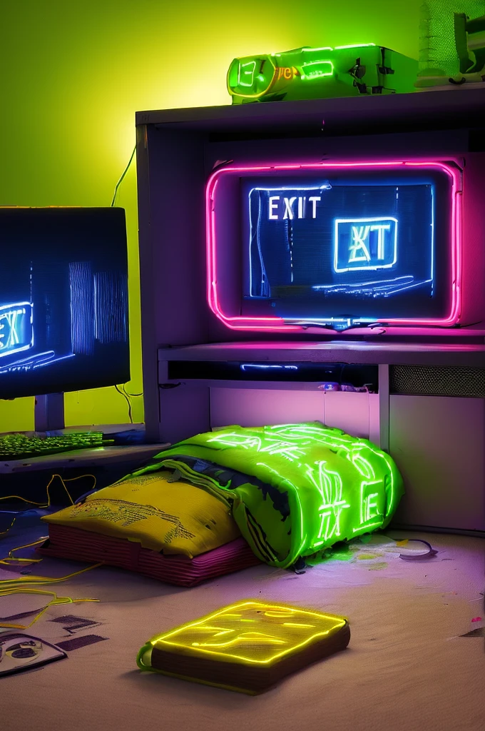 ((teenage rooms a little messy:1.4)), at night:1.3, ((computer on:1.3)), 3 books lying on the floor, clothes lying around:1.3, ((neon lights:1.5 text, exit emergency:1.4)), luminous object with neon, ((Imaginative scene)), (( very detailed: 1.4), (( Masterpiece )), ( Hyper-detailed and beautiful: 1.3), ( Photorealistic: 1.4), 32k .