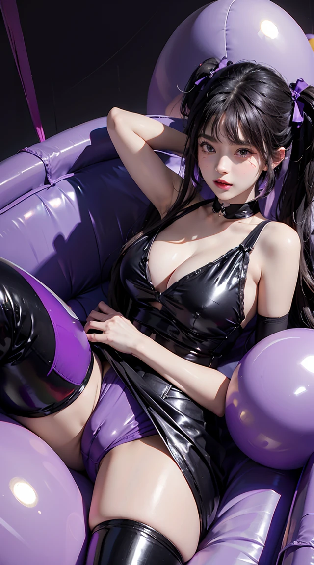 NSFW, gorgeous woman, short pigtails hair, neat hair with bangs, pigtails hairstyle, kawaii realistic portrait, fluffy bangs, pigtails hair, held with inflated purple balloons, inside a giant black inflatable lounge, angelic face, long straight brown hair, inflatable black balloon arm bands, inflatable bondage, long thick purple rubber balloons, purple and black inflatables everywhere, purple and black color balloons, black balloon anklet, black balloon leg loops, purple inflated collar, round face, balloon shibari