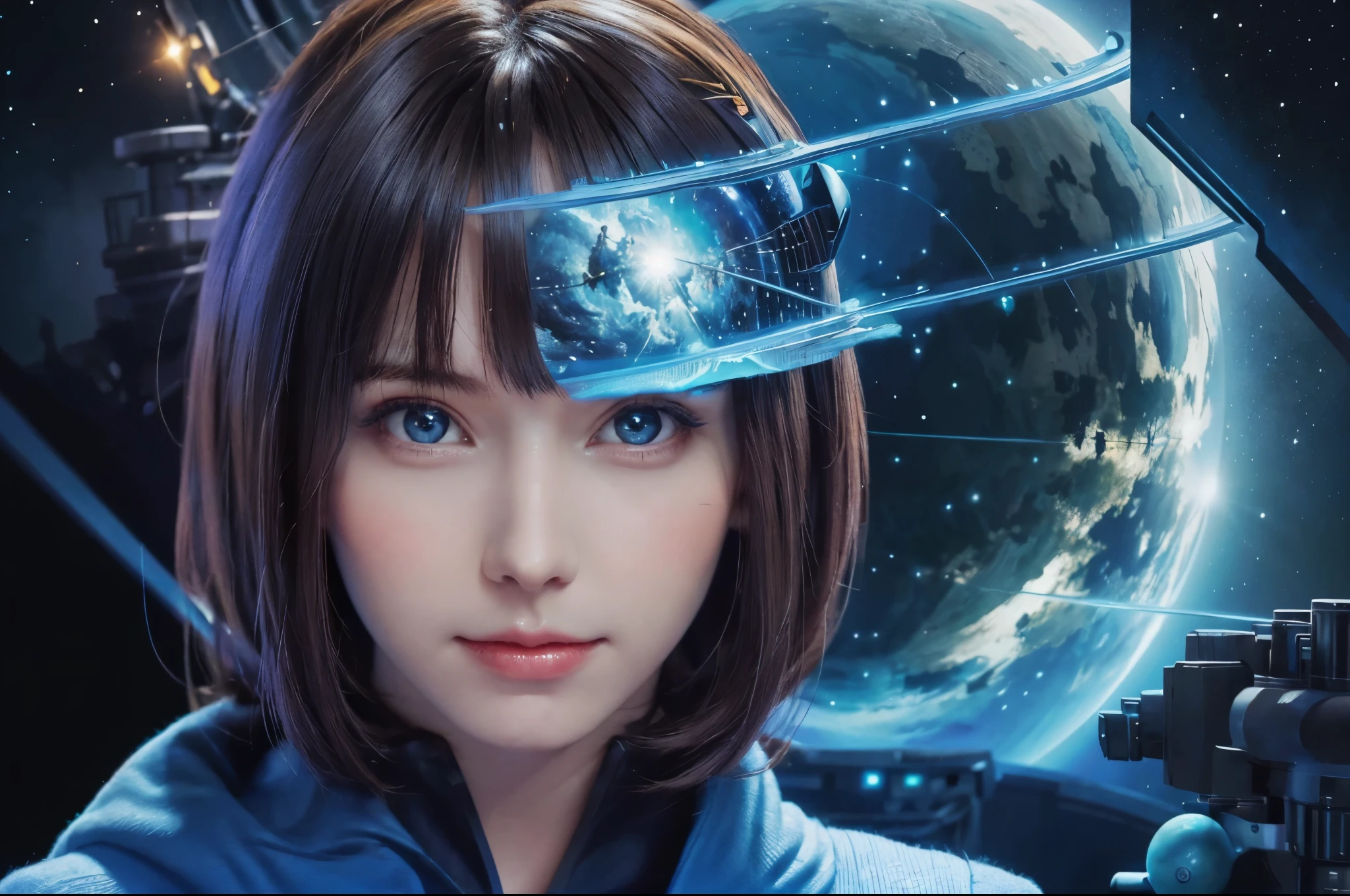 Bit Girl, holding a blue planet in her hand, in the air, bird's eye view, science fiction city, glare, forest of electronic circuits, precise watercolor painting, abstract expression, fairy tale, ((The face is realistic and beautiful) ) ((highest quality)), ((high resolution 16k)), ((background is realistic and beautiful)), --Auto