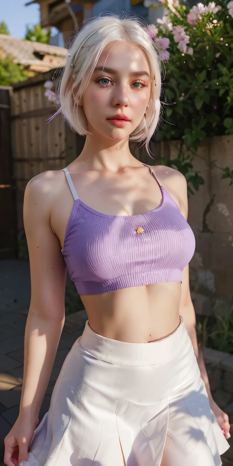 realistic, 1girl, white hair, purple eyes, glowing eyes, crop top, skirt, parted lips, blush, night, flowers, sun, sunlight,