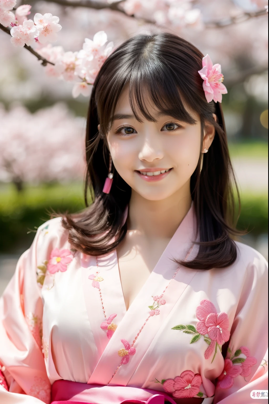 ulzzang-6500-v1.1,(masterpiece, highest quality:1.3), (Ultra-detailed 8K:1.2), (hyperrealistic:1.35),(Raw photo:1.2),High resolution, wallpaper,extreme intricate detail, ultra hd,
BREAK
(Japanese women:1.3), 20yo, (bewitching smile:1.3), (super beautiful woman:1.3), beautiful skin, detailed eyes, detailed face, long hair, (full shot:2.0),
BREAK
(SAKURA theme:1.3), (pink color KIMONO with SAKURA embroidery:1.4),(Hair accessories with a SAKURA motif:1.3),