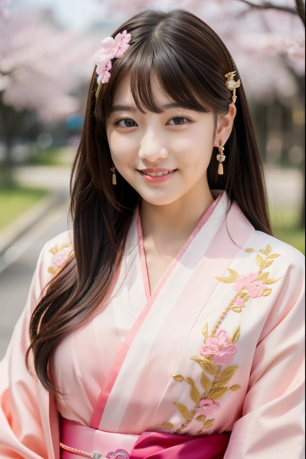 ulzzang-6500-v1.1,(masterpiece, highest quality:1.3), (Ultra-detailed 8K:1.2), (hyperrealistic:1.35),(Raw photo:1.2),High resolution, wallpaper,extreme intricate detail, ultra hd,
BREAK
(Japanese women:1.3), 20yo, (bewitching smile:1.3), (super beautiful woman:1.3), beautiful skin, detailed eyes, detailed face, long hair, (full shot:2.0),
BREAK
(SAKURA theme:1.3), (pink color KIMONO with SAKURA embroidery:1.4),(Hair accessories with a SAKURA motif:1.3),