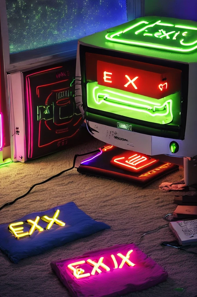 ((teenage rooms a little messy:1.4)), at night:1.3, ((computer on:1.3)), 3 books lying on the floor, clothes lying around:1.3, ((neon lights:1.5 text, exit emergency:1.4)), luminous object with neon, ((Imaginative scene)), (( very detailed: 1.4), (( Masterpiece )), ( Hyper-detailed and beautiful: 1.3), ( Photorealistic: 1.4), 32k .