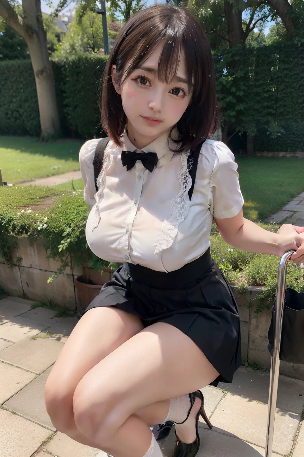 photo de 14 ans.Oh madame, mignon, culotte, ((Idole Kpop)), lace culotte, session, culotte, jambes ouvertes, jupe, , white culotte, chaussettes, cheveux noirs, chemise, flou, blurred background, genoux, white chemise, strollers, Realistic, cheveux longs, lips, yeux marrons, black chaussettes, arc tie, pleated jupe, arc, head support, looking aside, en plein air, des chaussures marrons,  chef-d&#39;artwork, best quality, Ultra-detailed, WET BODY, fine dentelle de soie, (huge ，clivage), taille haute et fine, Details
