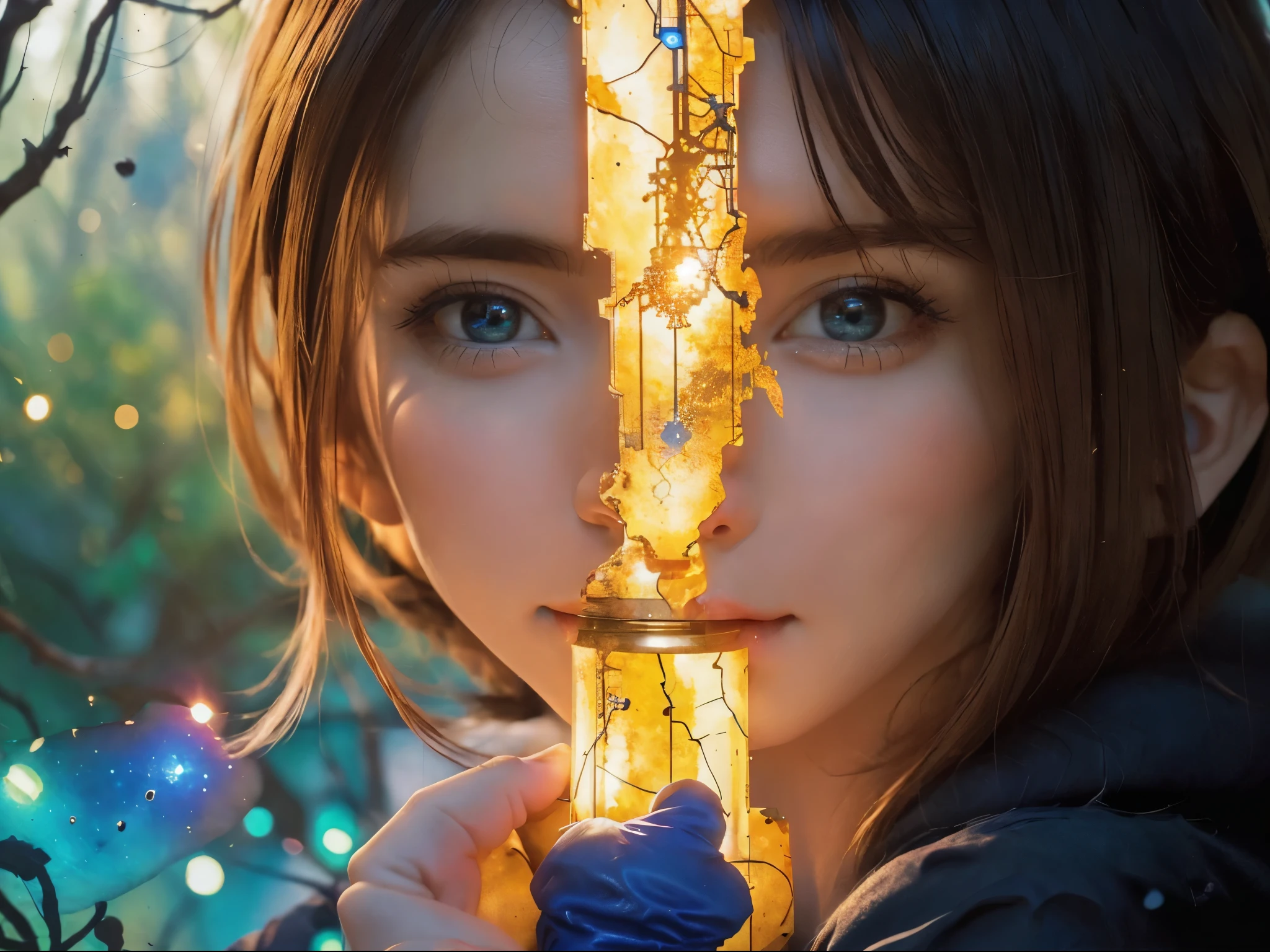 Bit Girl, holding a blue planet in her hand, in the air, bird's eye view, science fiction city, glare, forest of electronic circuits, precise watercolor painting, abstract expression, fairy tale, ((The face is realistic and beautiful) ) ((highest quality)), ((high resolution 16k)), ((background is realistic and beautiful)), --Auto