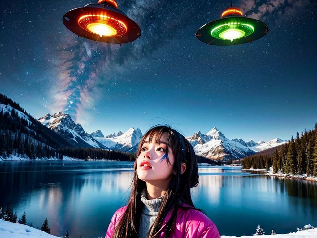 A girl looking up at a multicolored glowing UFO, snowy landscape, mountains, lake