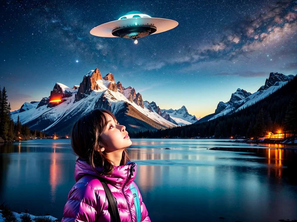 A girl looking up at a multicolored glowing UFO, snowy landscape, mountains, lake