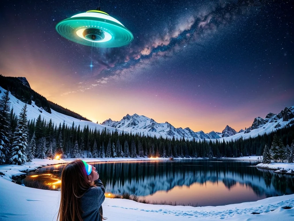 A girl looking up at a multicolored glowing UFO, snowy landscape, mountains, lake