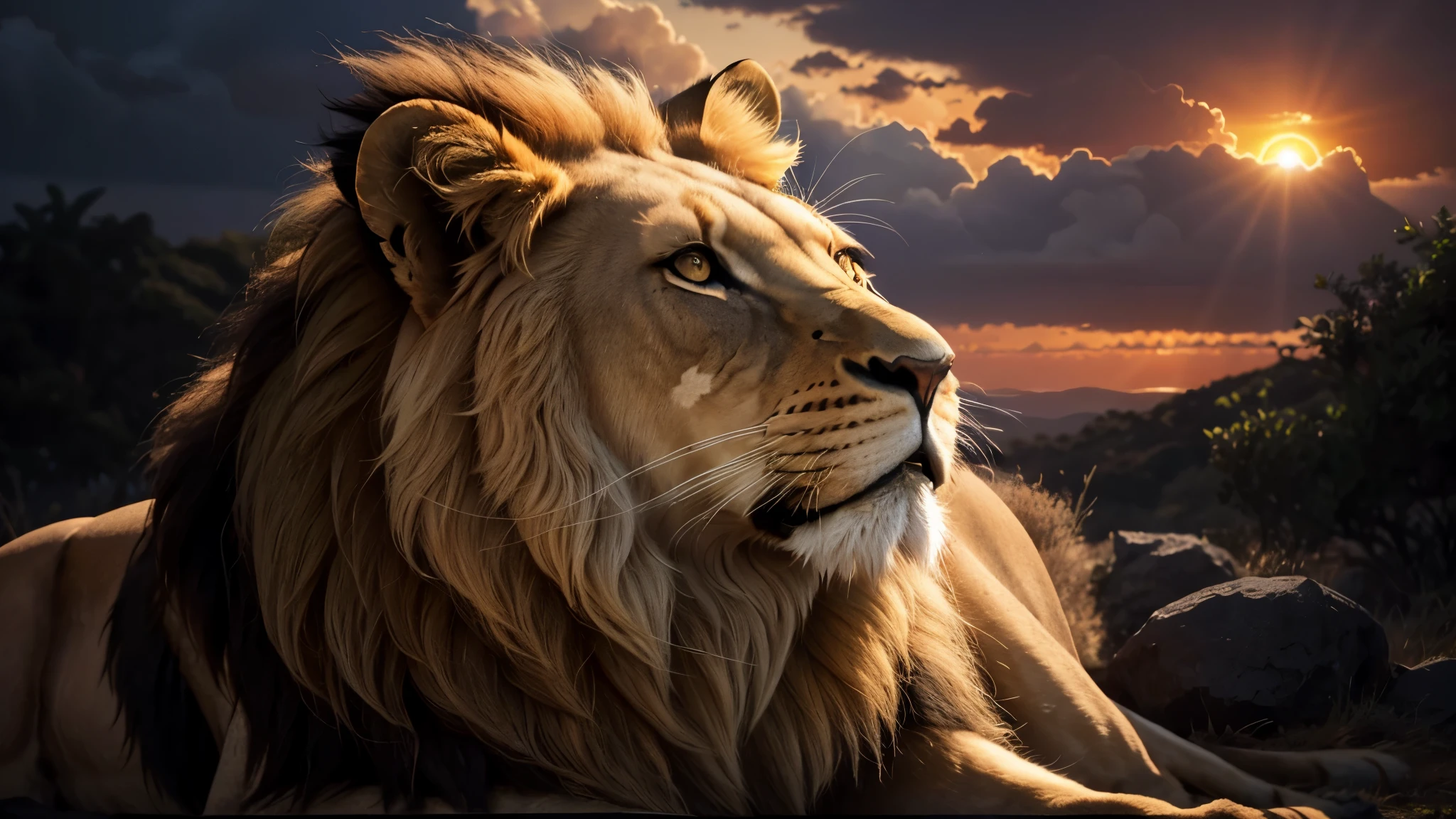 Lion, Divine Lion, Lion King, Lion Majestic, natural, Natureza, Rendering, fotorrealista, UltraHigh definition, 4K, texturasdetalhadas, thunder, sombras detalhadas, cores detalhadas, por do sol, sol se pondo, Sunset, Natureza Linda, Grande Divino, por do sol, contraste detalhado, Contraste realista, high resolution, cores detalhadas, fogo, eletricidade, divina criatura, 8k, realista detalhado, 16k, 8k, High definition, elegante, Texturasdetalhadas, Testurasultrarealistas, Coresultrarealistas, Cores HD, Contraste detalhado 16K, Elegante Sofisticado,