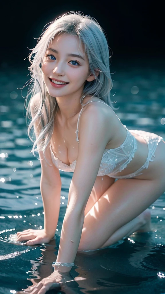 photo, official art, Extremely detailed CG 8k wallpaper, (flying petals)(Detailed ice), crystal texture skin, satisfied expression, white hair, long hair, messy hair, blue eyes, looking at the audience, extremely delicate and beautiful, water, splash, water ripples, ripple, water surface, ((Beautiful and delicate eyes)), Very detailed, light, ((pretty face), fine 水 surface, (original figure painting), Super detailed, Very detailed, (extremely delicate and beautiful), Beautiful and delicate eyes, split, smile happily smile, laughing out loud, Laughter, full body portrait, photo poses, beautiful face、a delicate face、shining eyes, dynamic angle, Surrealism, high detail, depth of field, cinematic lighting, ray tracing, reflection light, masterpiece, best quality, UHD, retina, ccurate, anatomically correct, textured skin, super detail, high details, award winning, highres, 16k