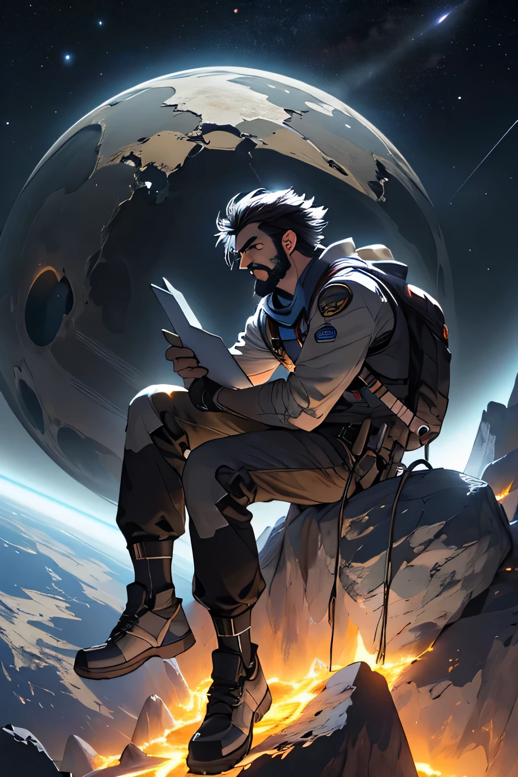 Desenhe um jovem programador, sitting on a research platform floating in the middle of an asteroid belt. He is studying with a notebook, surrounded by several asteroids glowing with fiery auras. Dramatic lighting from distant stars and planets illuminates the scene, casting deep shadows on the costume. O jovem parece confiante e determinado, looking at the vast and mysterious universe with awe and respect,Facial hair, tiro de vaqueiro,