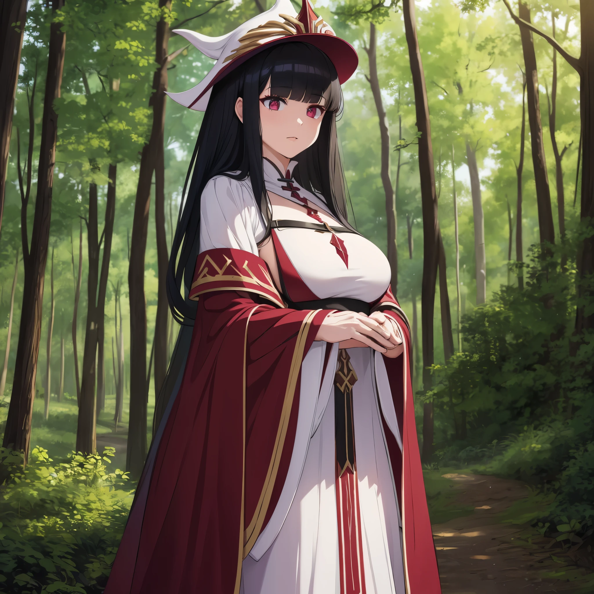 a woman in a white sorceress dress with red and black details, wearing a white sorceress hat with gold details, burgundy eyes, long black hair, in a forest with a house in the background, masterpiece, ultra resolution, very detailed, 2k HD, 16: 9