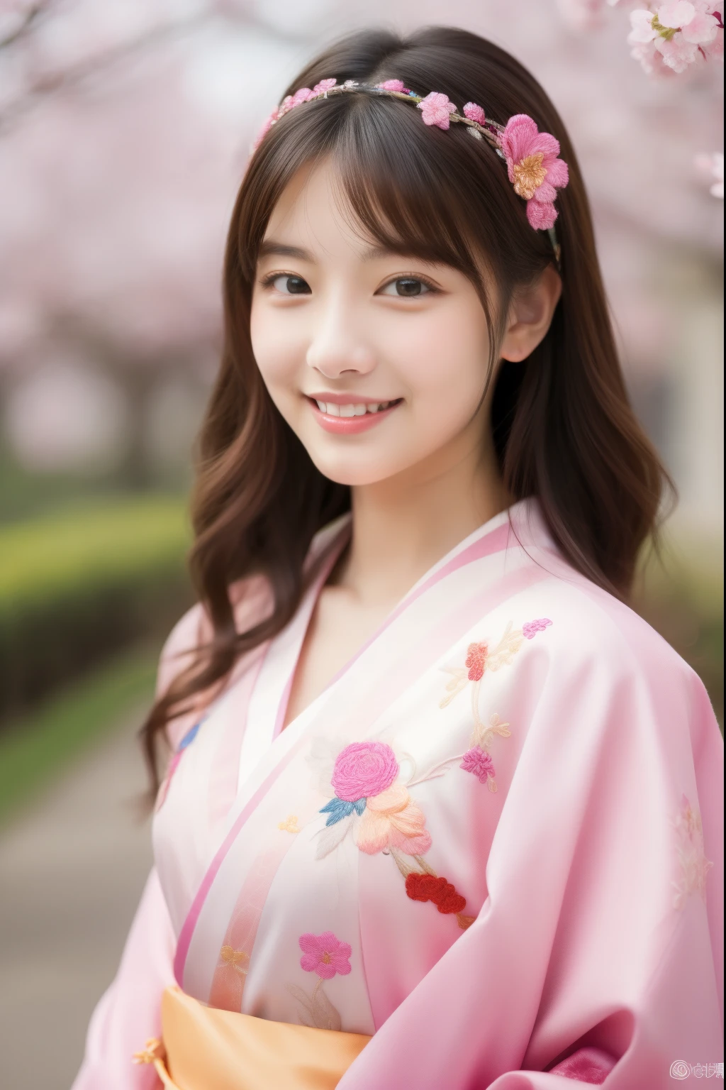 ulzzang-6500-v1.1,(masterpiece, highest quality:1.3), (Ultra-detailed 8K:1.2), (hyperrealistic:1.35),(Raw photo:1.2),High resolution, wallpaper,extreme intricate detail, ultra hd,
BREAK 
(Japanese women:1.3), 20yo, (bewitching smile:1.3), (super beautiful woman:1.3), beautiful skin, detailed eyes, detailed face, long hair,  (full shot:2.0),
BREAK
(SAKURA theme:1.3), (pink color KIMONO with SAKURA embroidery:1.4),(Hair accessories with a SAKURA motif:1.3),
