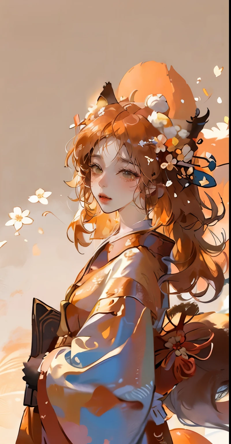 masterpiece, best quality, highly detailed, 1girl, solo, (:3:0.9), animal ear fluff, animal ears, orange hair, fluffy hair, blush, brown eyes, flower, fox ears, fox girl, gradient, gradient background, hair flower, hair ornament, japanese clothes, kimono, looking at viewer, miko, smile, solo, white kimono, beautiful lighting