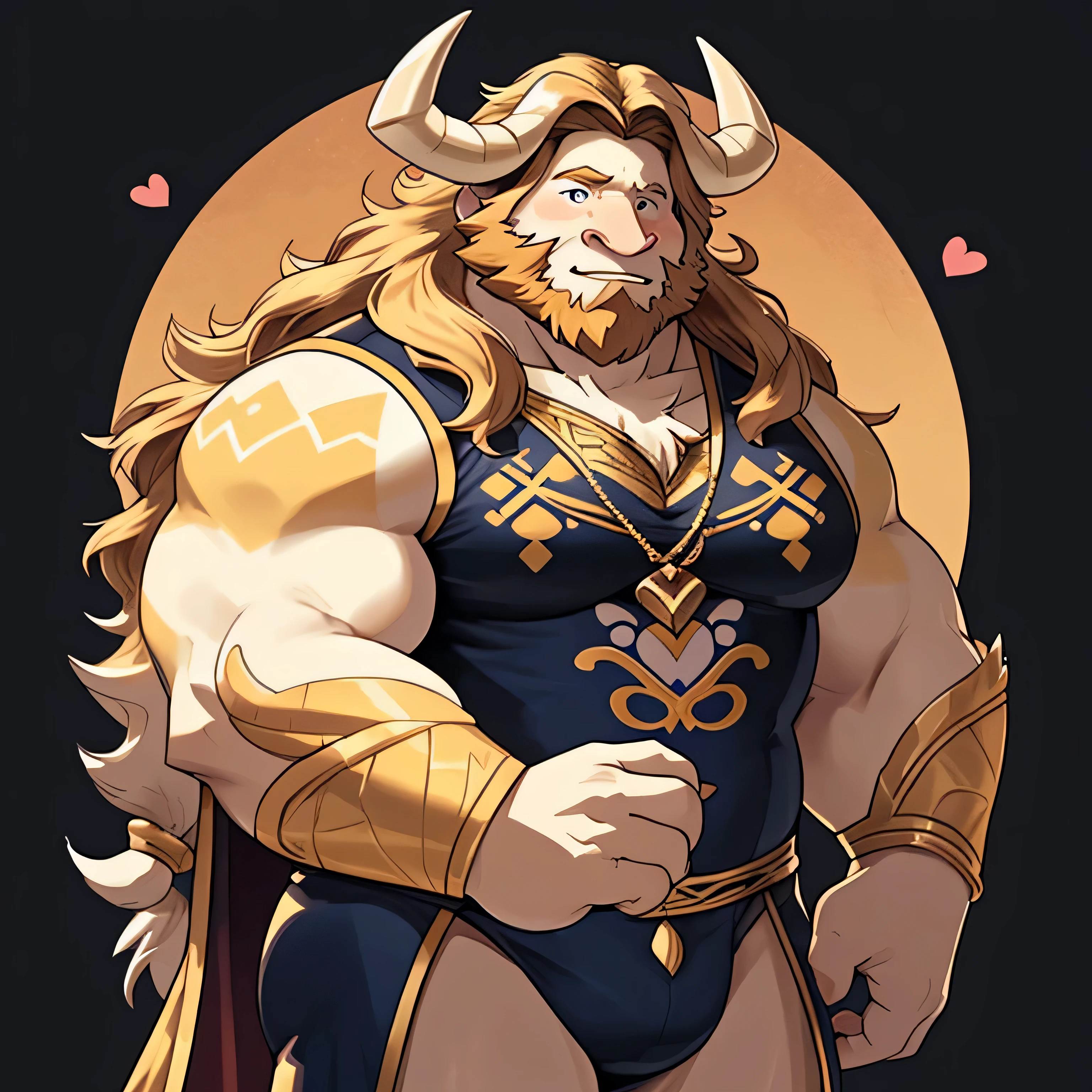 Imagina a Asgore Dreemurr, el rey de los monstruos de Undertale, wearing a unique and peculiar trunk. This swimsuit is adorned with an interlocking heart design in warm, vibrant tones that contrast with the dark background.. The hearts are meticulously detailed., with fine lines that contour them and soft shadows that give them depth. La tela parece ser de un material suave y brillante, which adds a touch of elegance to the garment. Asgore lleva la trusa con una actitud confiada y relajada, Como yo&#39;I&#39;m ready for a day full of adventures..