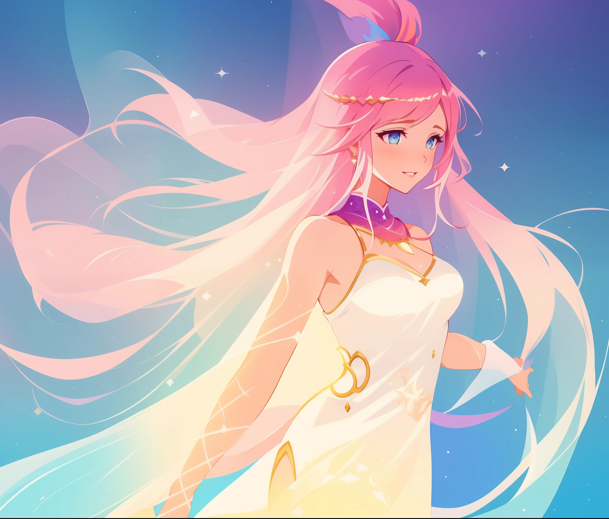 beautiful girl in white arabian two-piece dress, (arabian princess), (arabian dancer), (fantasy arabian dress), long colorful sparkling pink hair, watercolor illustration, Lois van Baarle, glowing aura around her, Glen Keane, jen bartel, glowing hair, beautiful digital illustration, fantasia background, beautiful, masterpiece, best quality, anime disney style, (detailed eyes), golden ratio, perfect composition